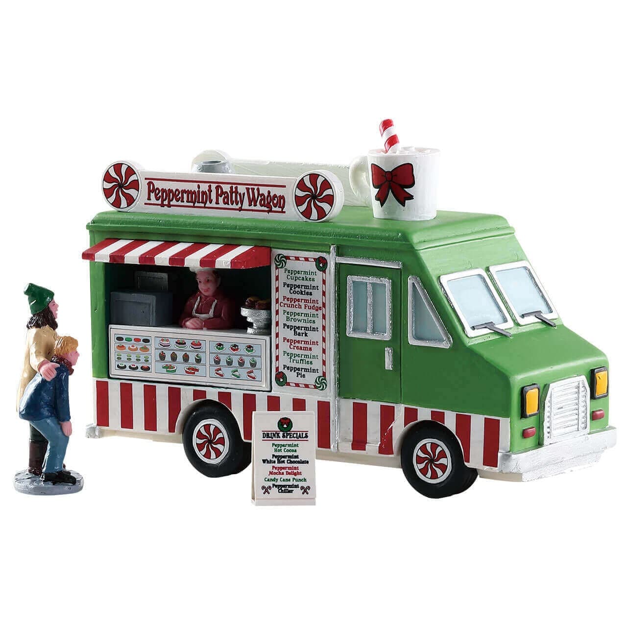 Decorazione "Set di camion di cibo di menta piperita di 3" per Villaggio di Natale e presepe, in Resina da h 7,2 cm