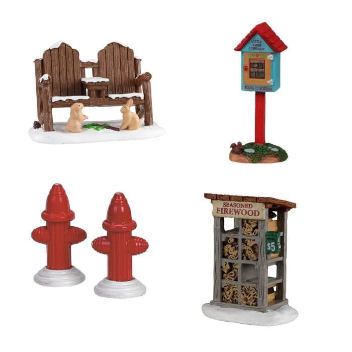 Accessori per villaggio di Natale con idranti, panchine, casella postale e bancarella, set da 4 pezzi - 5