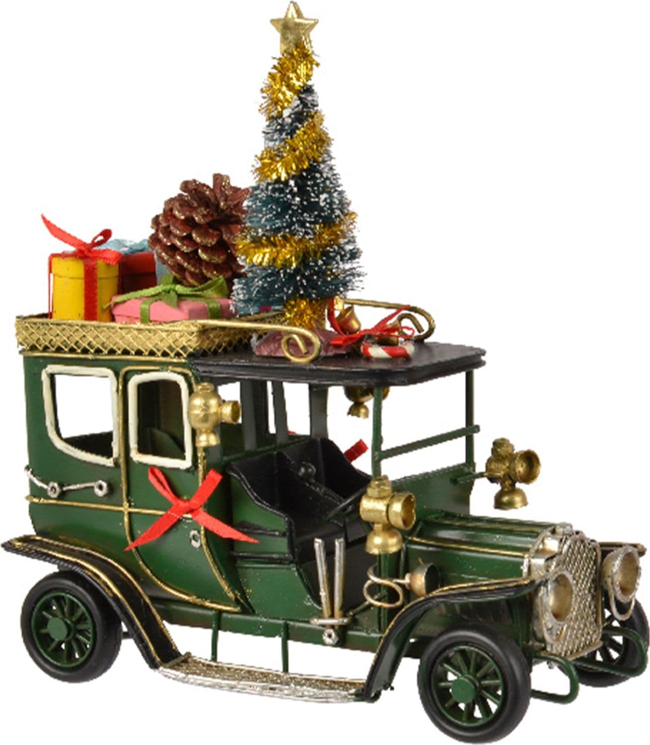 Macchina natalizia in ferro con albero, pigna e regali, decorazione per villaggio di Natale da 17 cm - 2