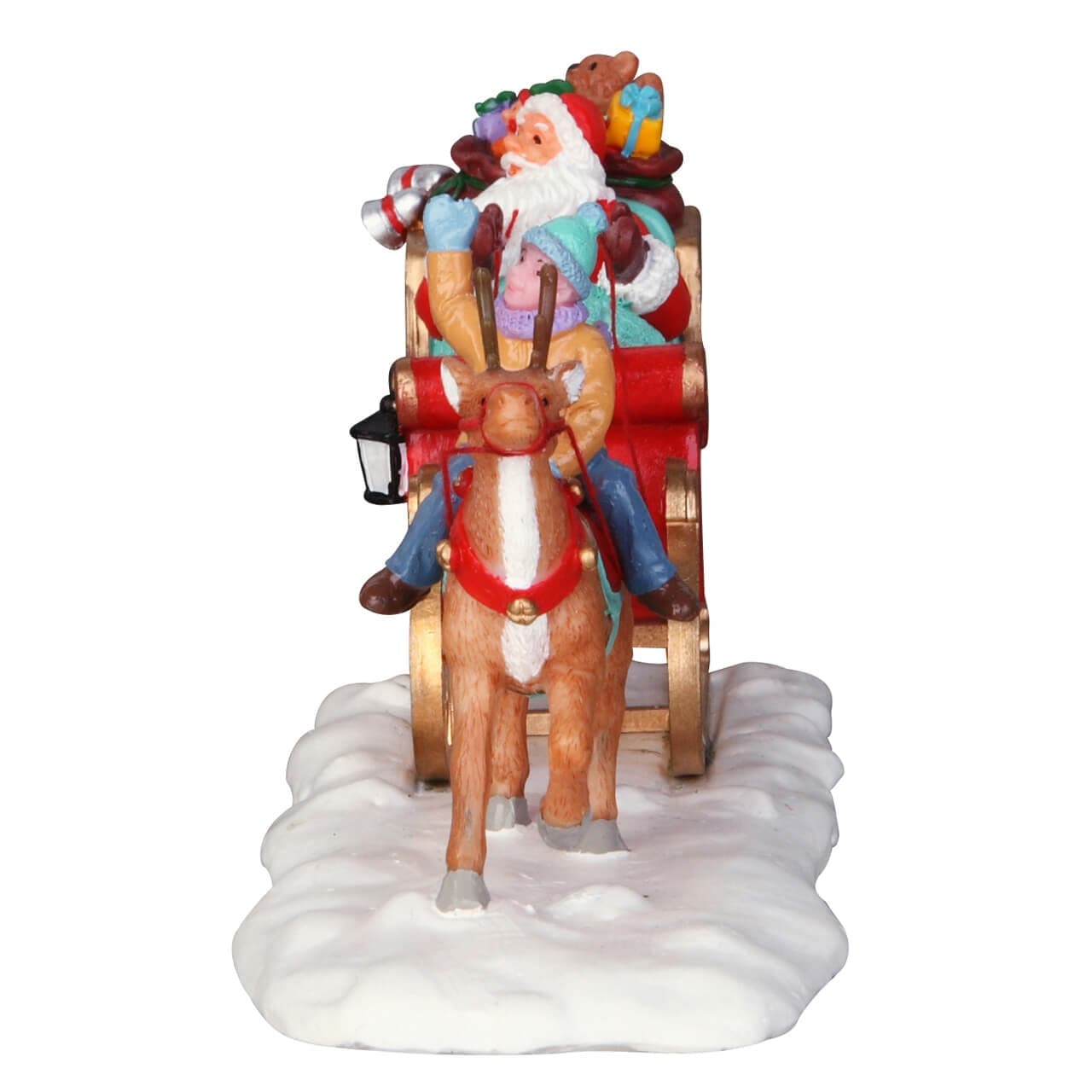 Slitta di Babbo Natale con renna e bambino figura per villaggio di Natale in poliresina - 2