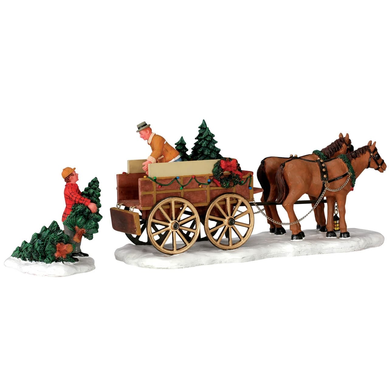 Carrozza con alberi di Natale e cavalli in poliresina per villaggio natalizio - 2