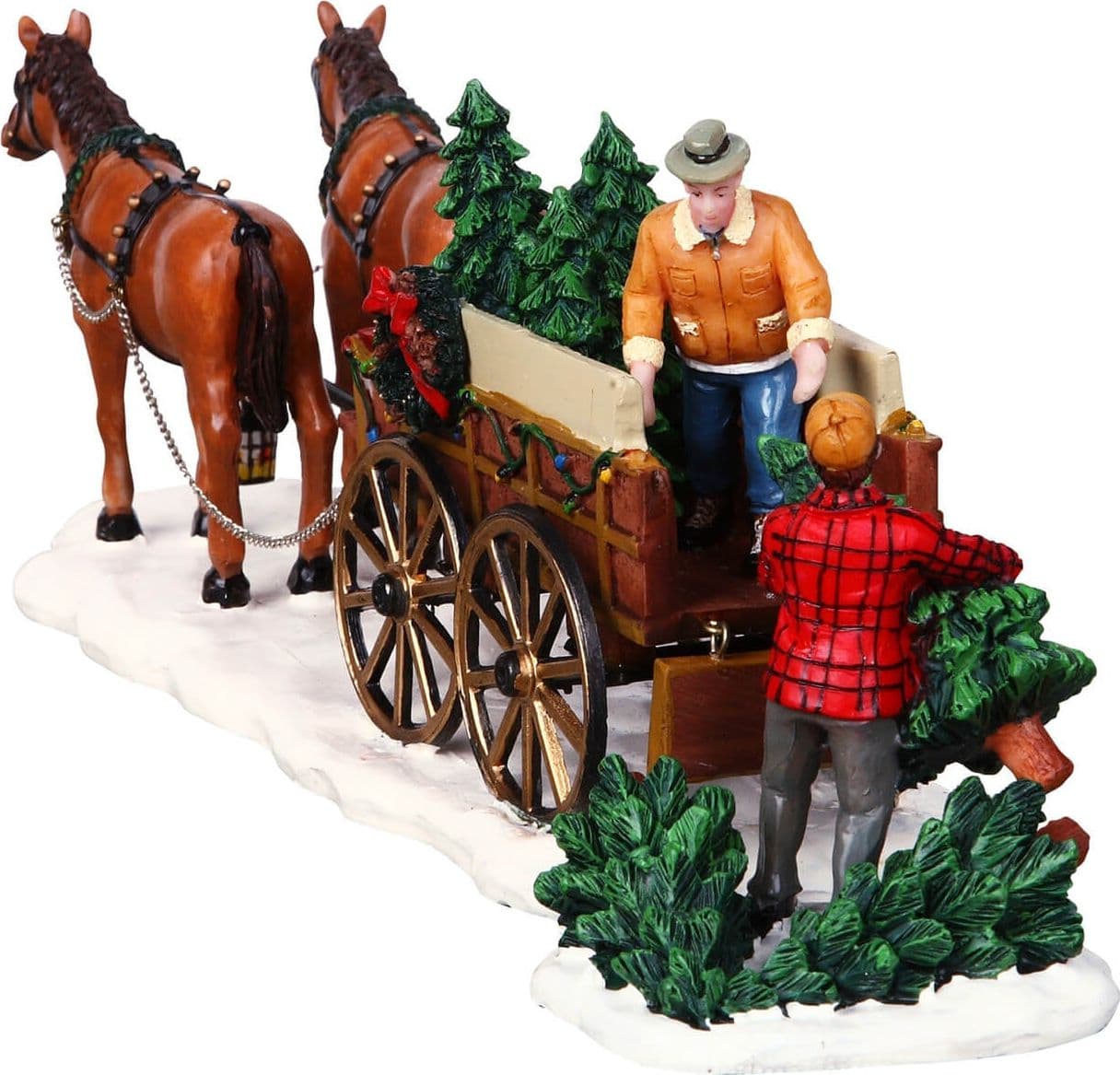 Carrozza con alberi di Natale e cavalli in poliresina per villaggio natalizio - 3