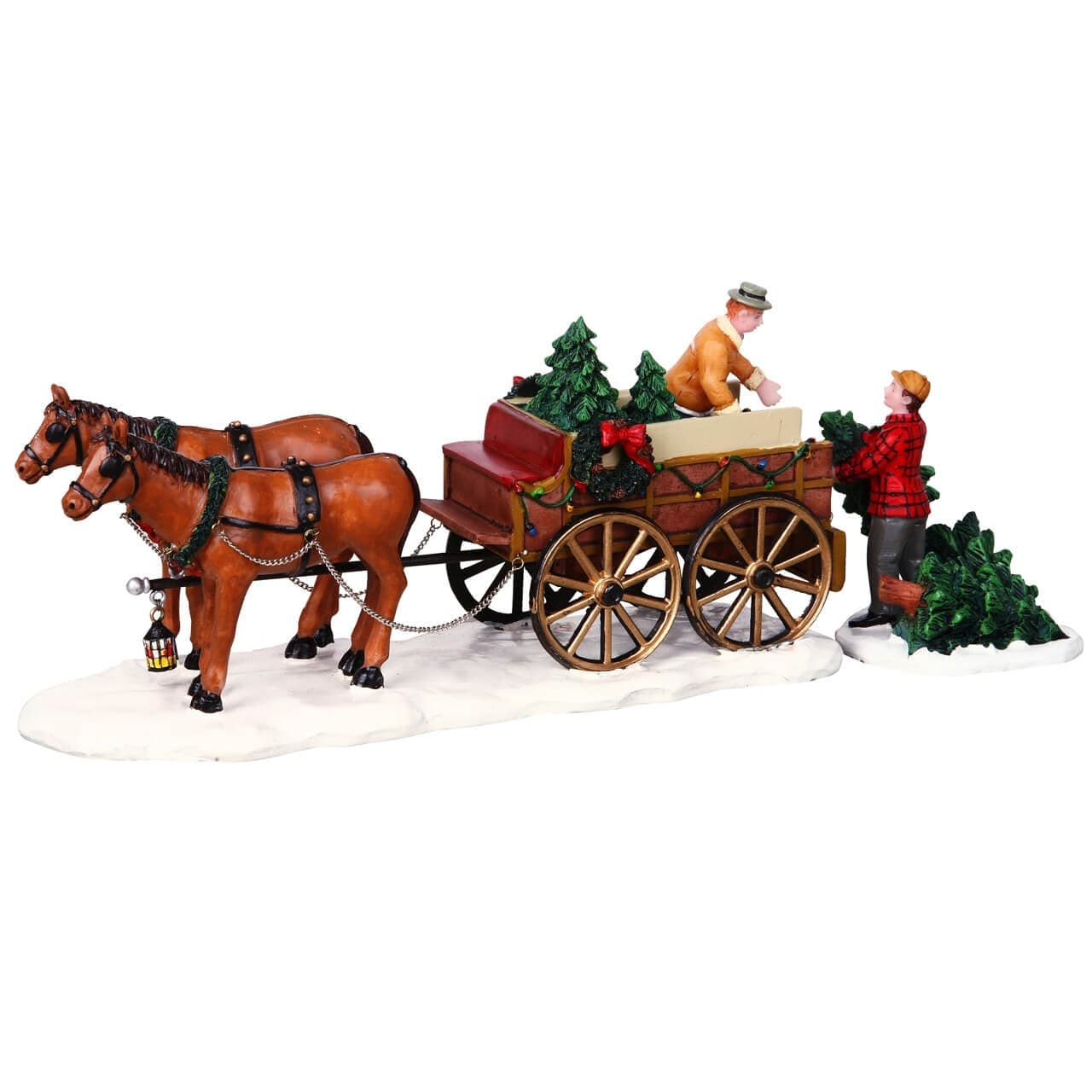 Carrozza con alberi di Natale e cavalli in poliresina per villaggio natalizio - 4
