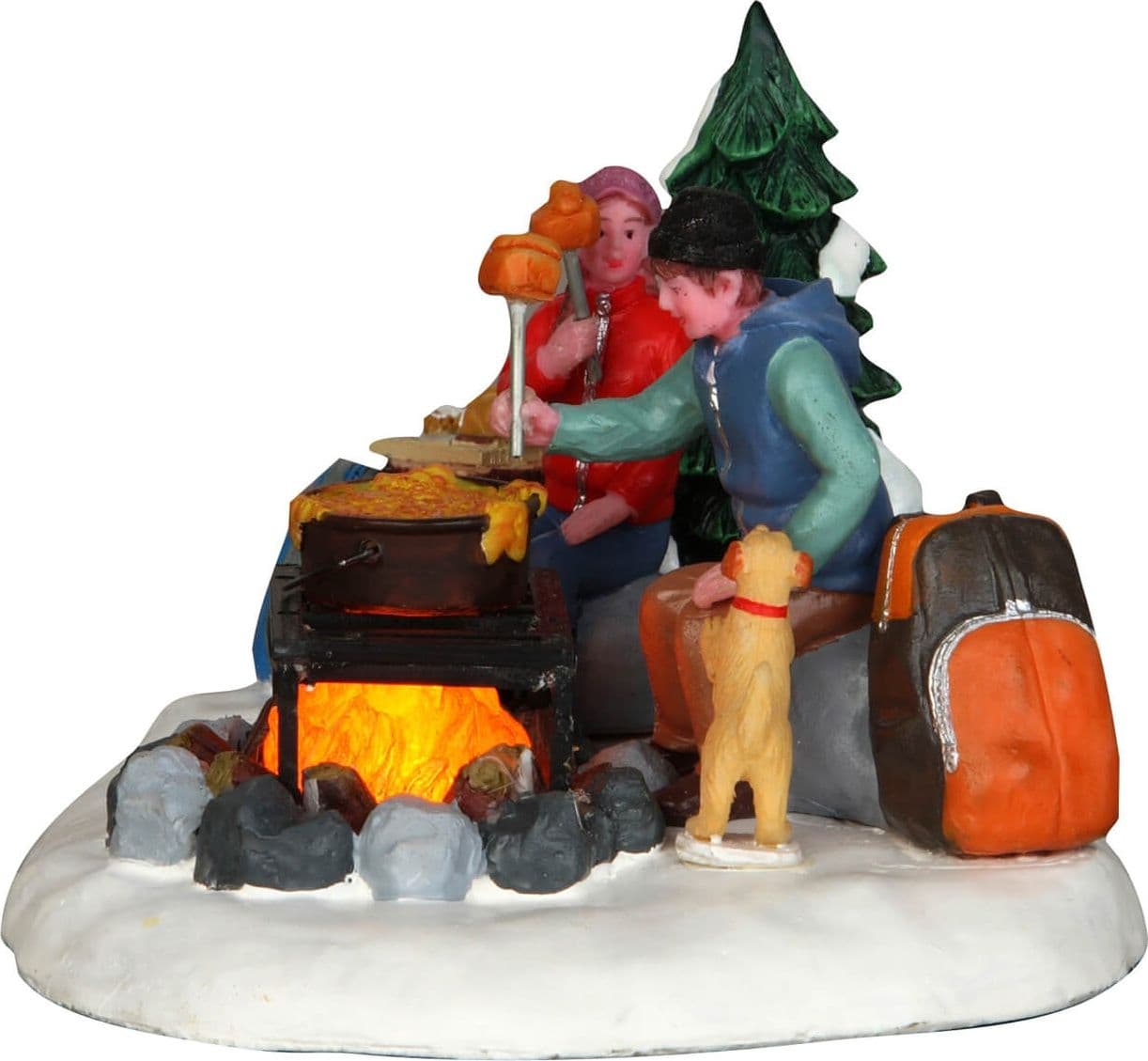 Falò nel bosco innevato con personaggi in poliresina per villaggio di Natale - 2