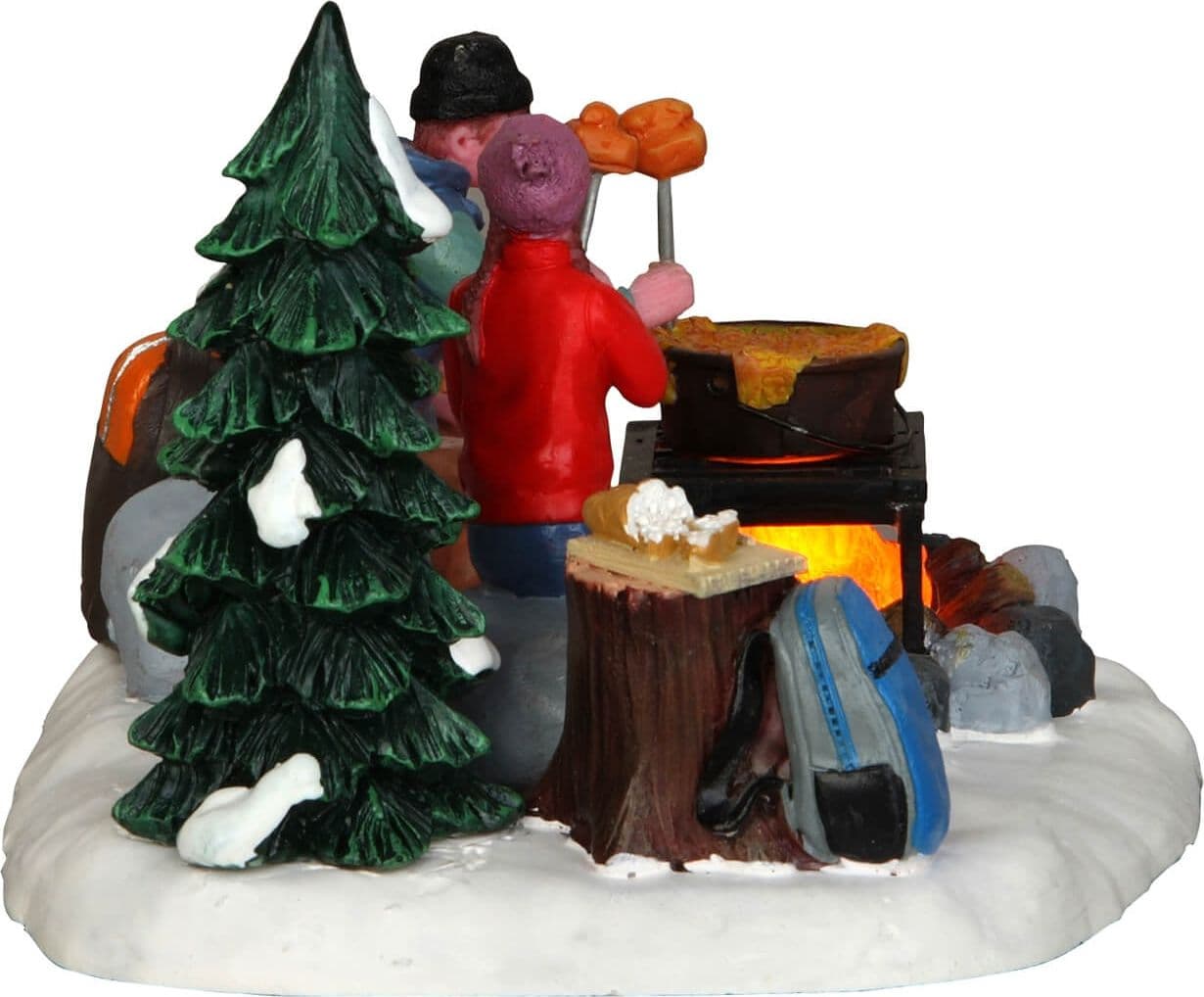Falò nel bosco innevato con personaggi in poliresina per villaggio di Natale - 4