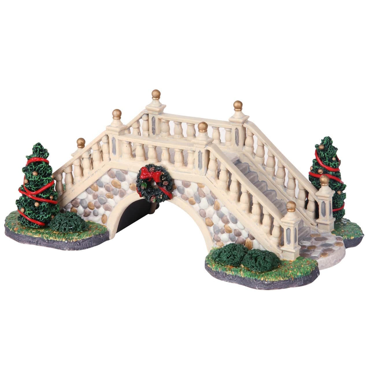 Ponte passerella con alberi di Natale decorati e ghirlande in porcellana per villaggio natalizio - 2