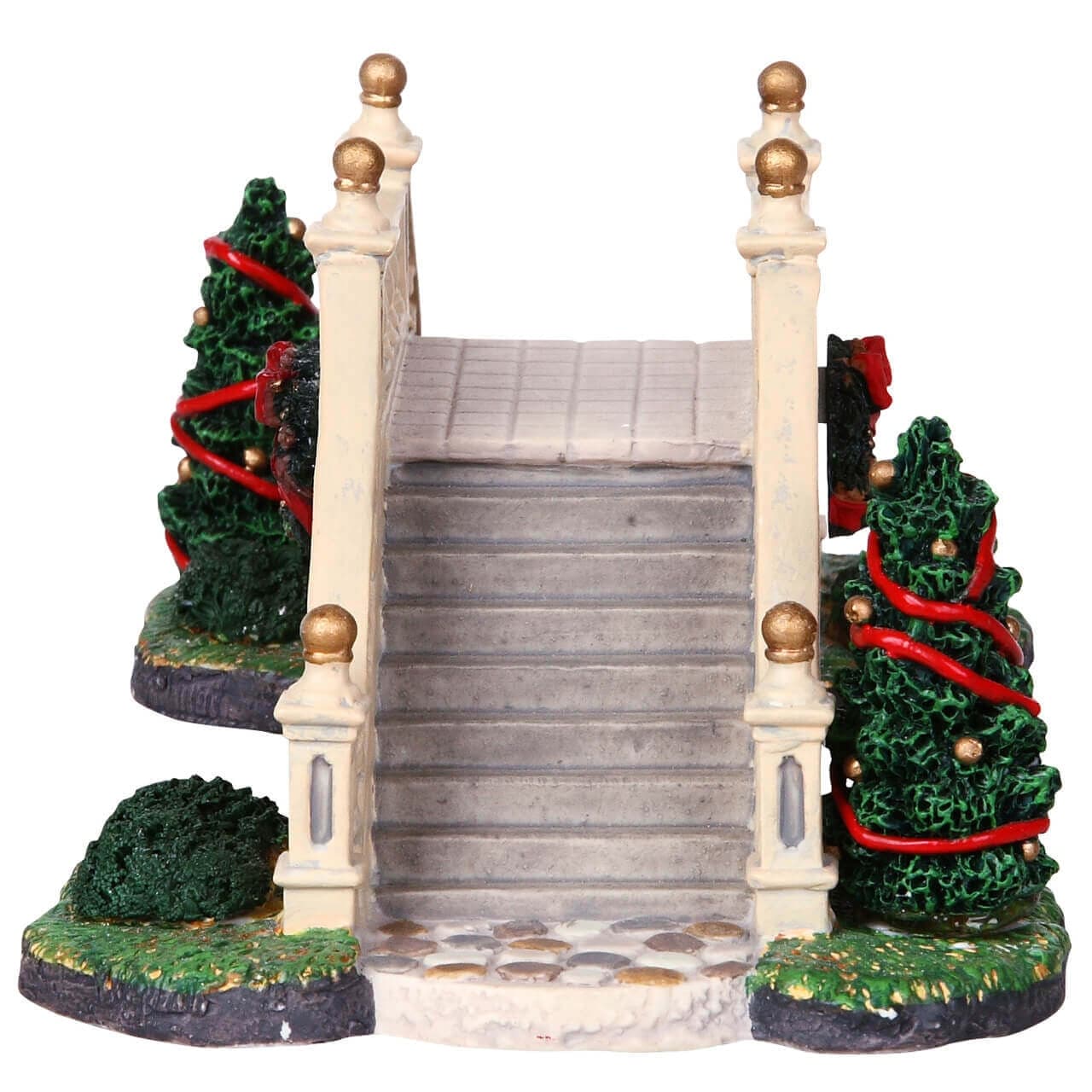 Ponte passerella con alberi di Natale decorati e ghirlande in porcellana per villaggio natalizio - 3