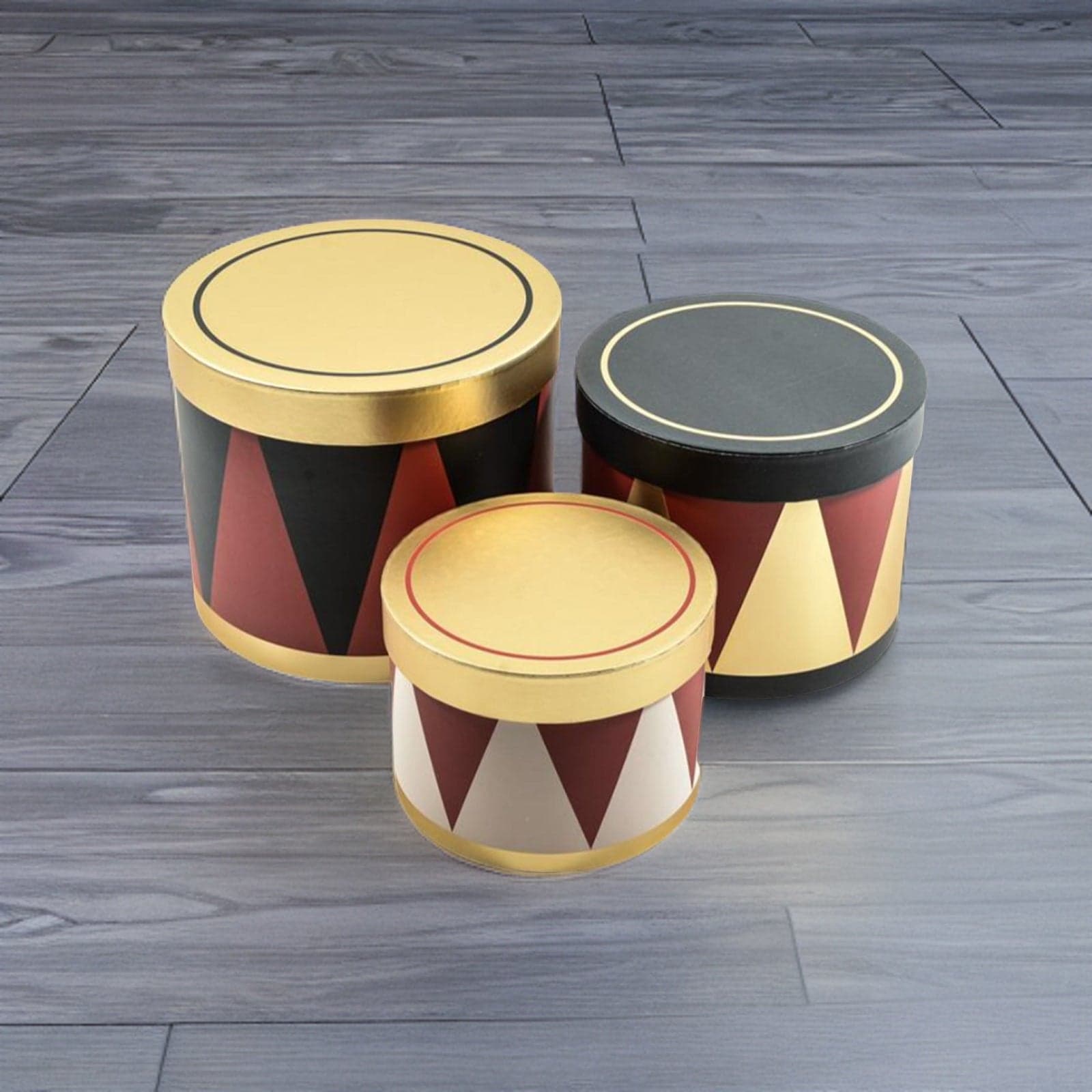 Set di 3 scatole tonde in carta, color oro, verde e rosso, per confezioni regalo - 2