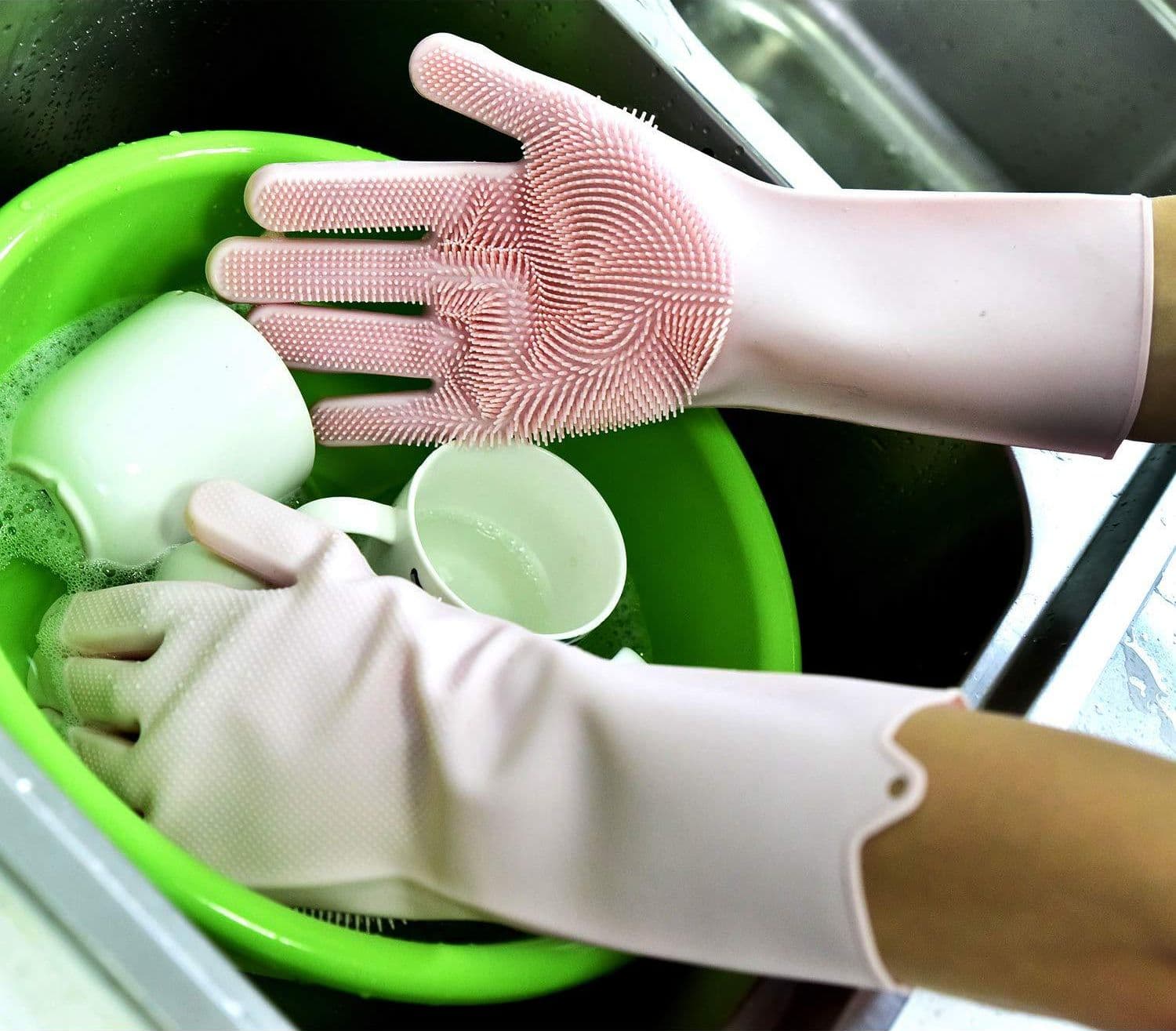 Guanti in silicone con spugna integrata per lavare i piatti da cucina - 2