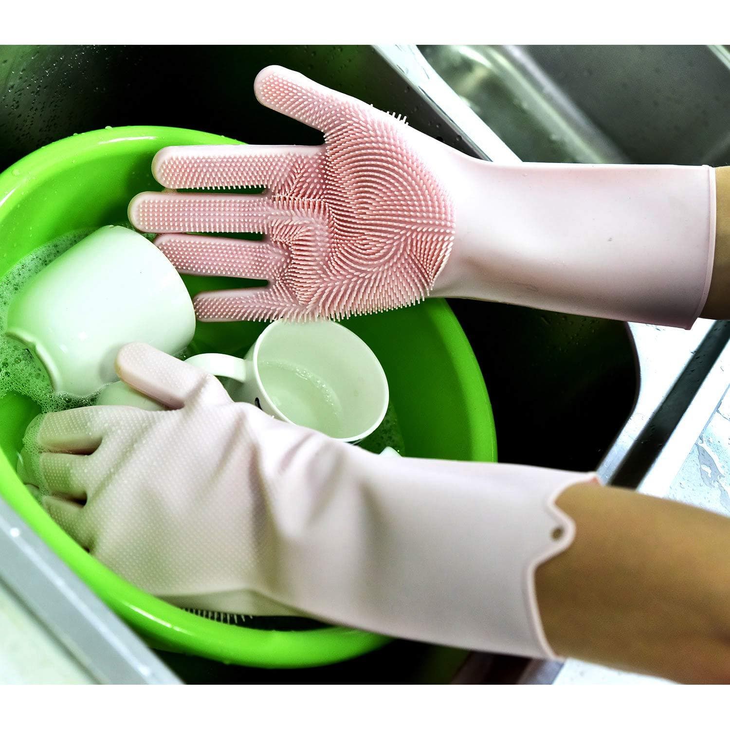Guanti in silicone con spugna integrata per lavare i piatti da cucina - 2