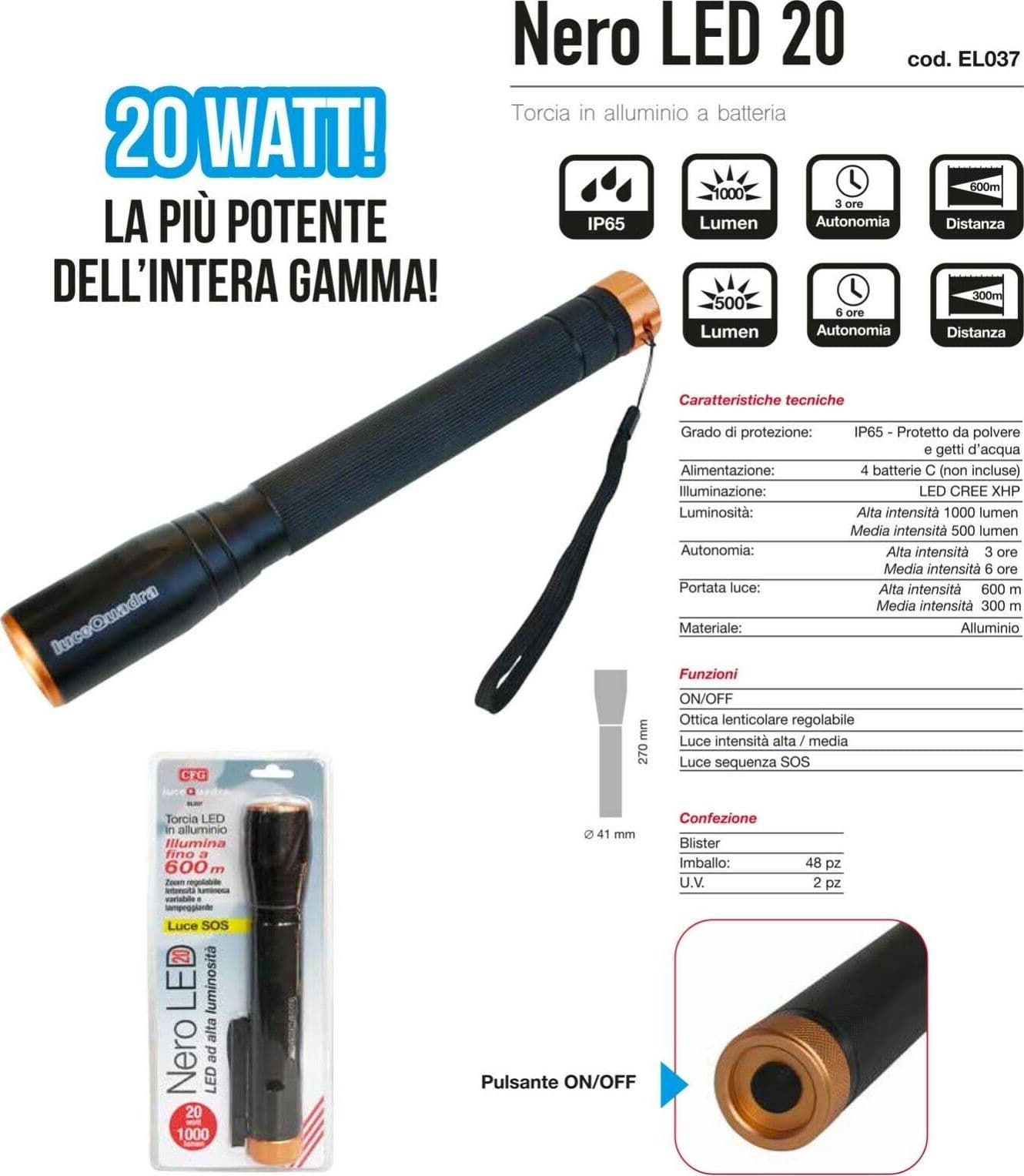 Torcia in metallo a batteria da campeggio e nautica 20 Watt distanza 600 mt - 3