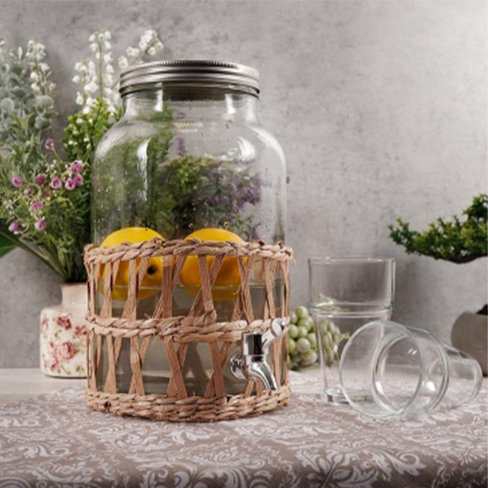 Caraffa in vetro porta bevande con rubinetto e rivestimento in Rattan 5,5 lt - 2
