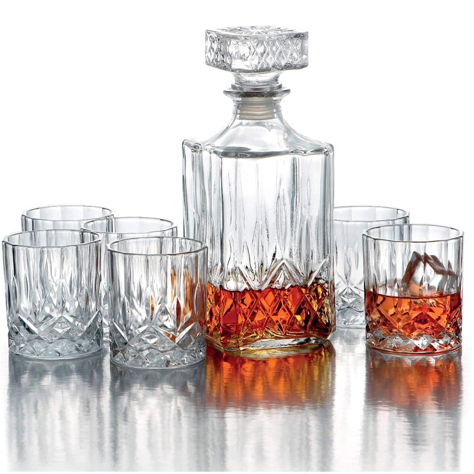 Set Bottiglia decanter da Whisky con 6 bicchieri in vetro intagliato 900 ml - 9