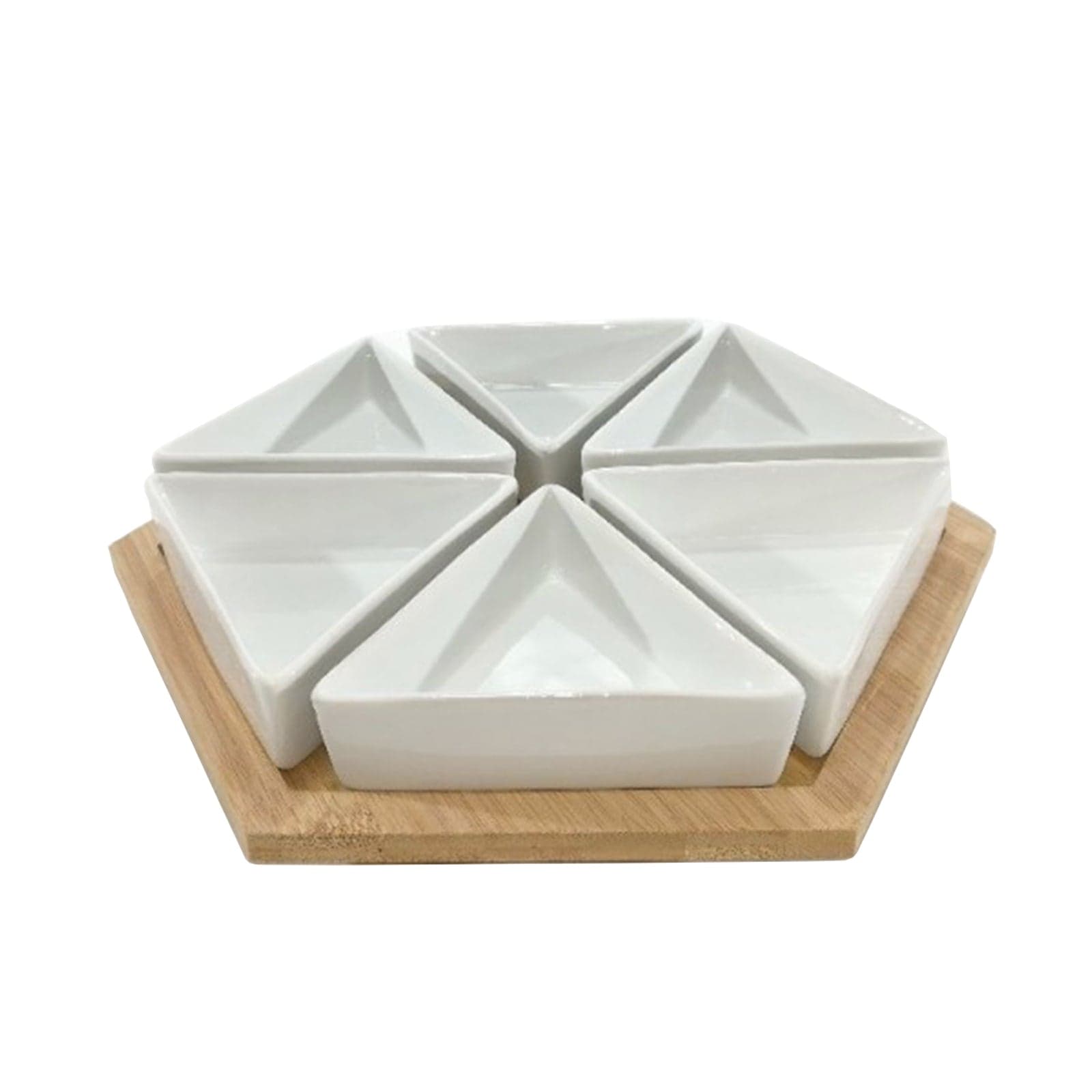 Antipastiera in set da 6 pezzi a spicchi in porcellana con base in bamboo