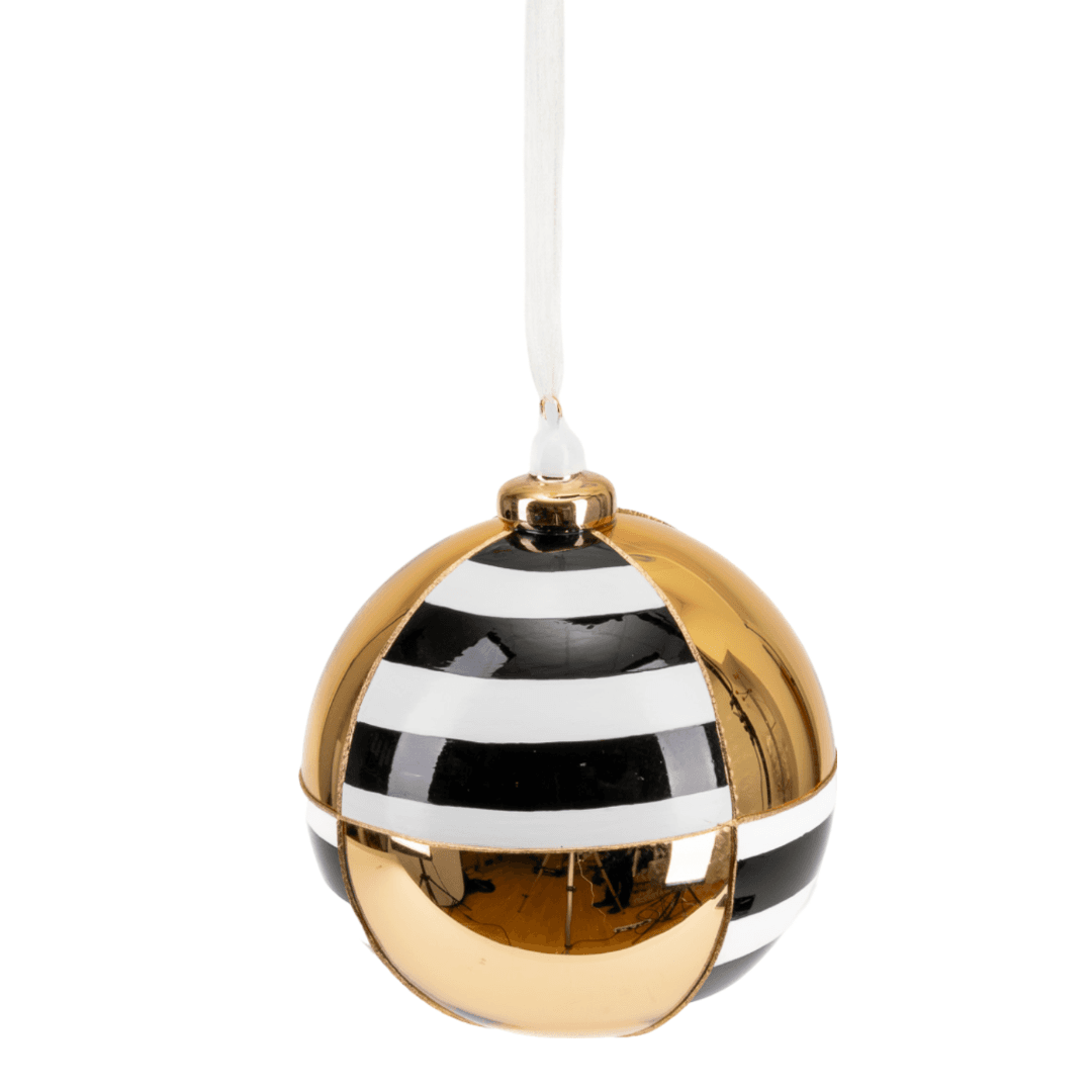 Pallina in vetro colore nero e oro a fasce per albero di Natale