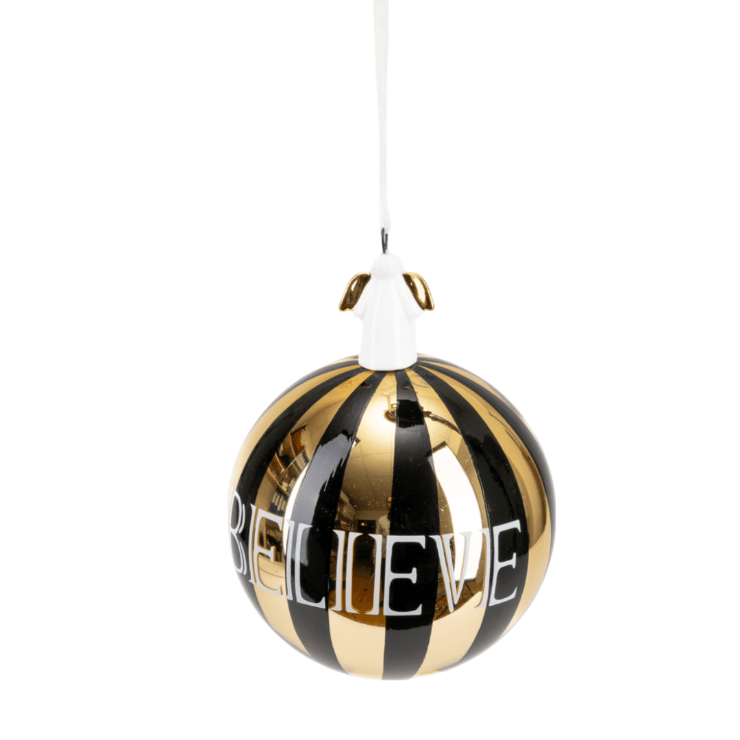 Pallina in vetro colore nero e oro con angelo per albero di Natale