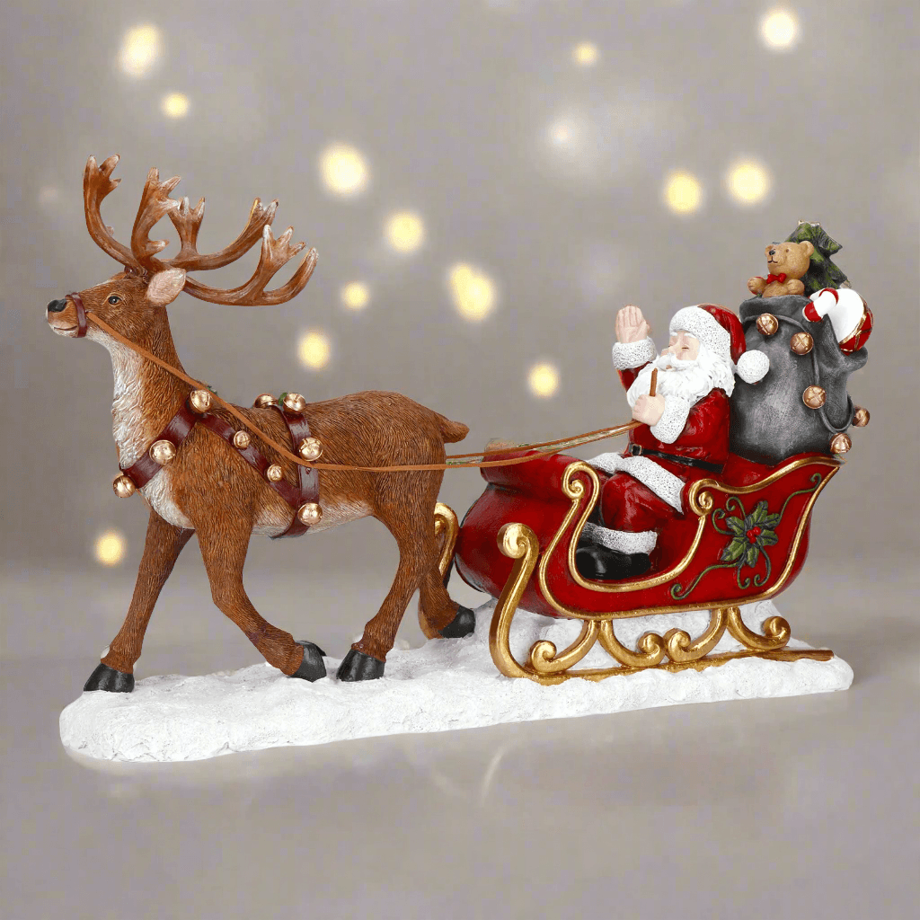 Statuetta Babbo Natale su slitta con alce in poliresina per decorazioni natalizie - 2