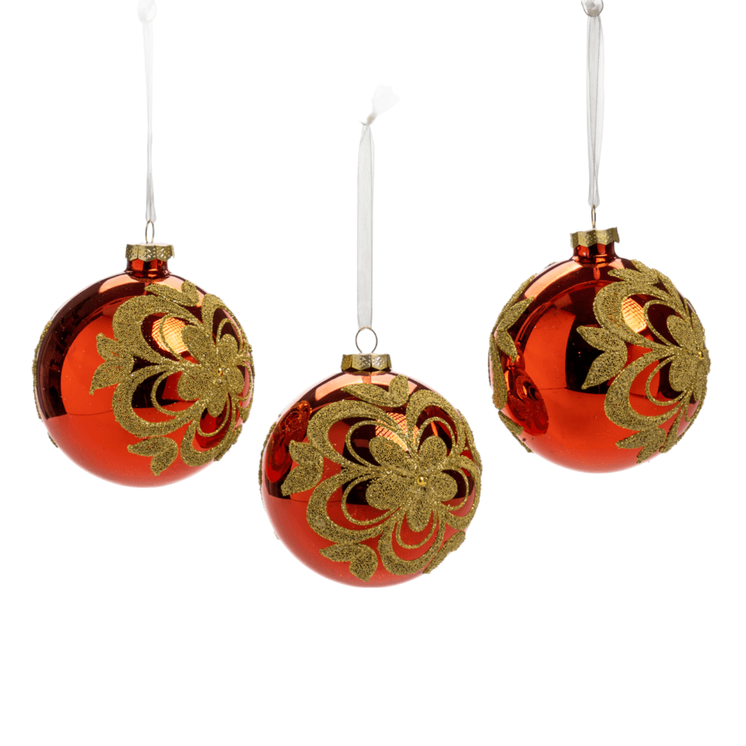 Pallina in vetro colore rosso con fiore per albero di Natale - 2