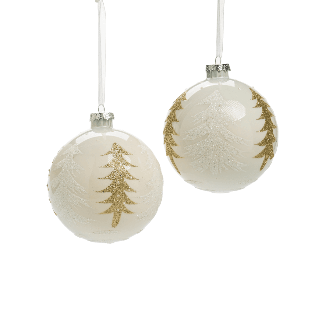 Pallina in vetro colore bianco con alberi glitterati per albero di Natale - 2