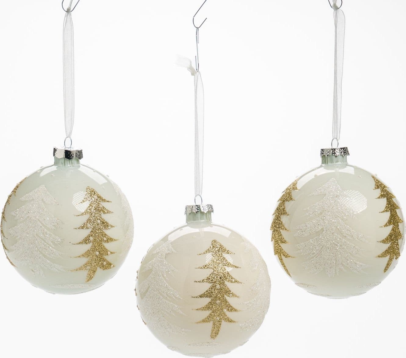 Pallina in vetro colore bianco con alberi glitterati per albero di Natale - 3
