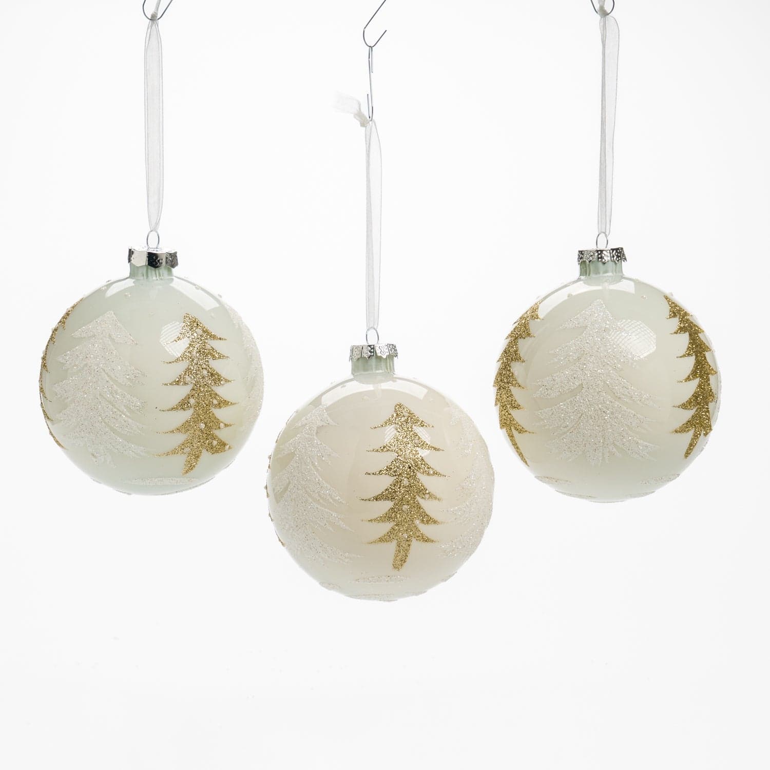 Pallina in vetro colore bianco con alberi glitterati per albero di Natale - 3