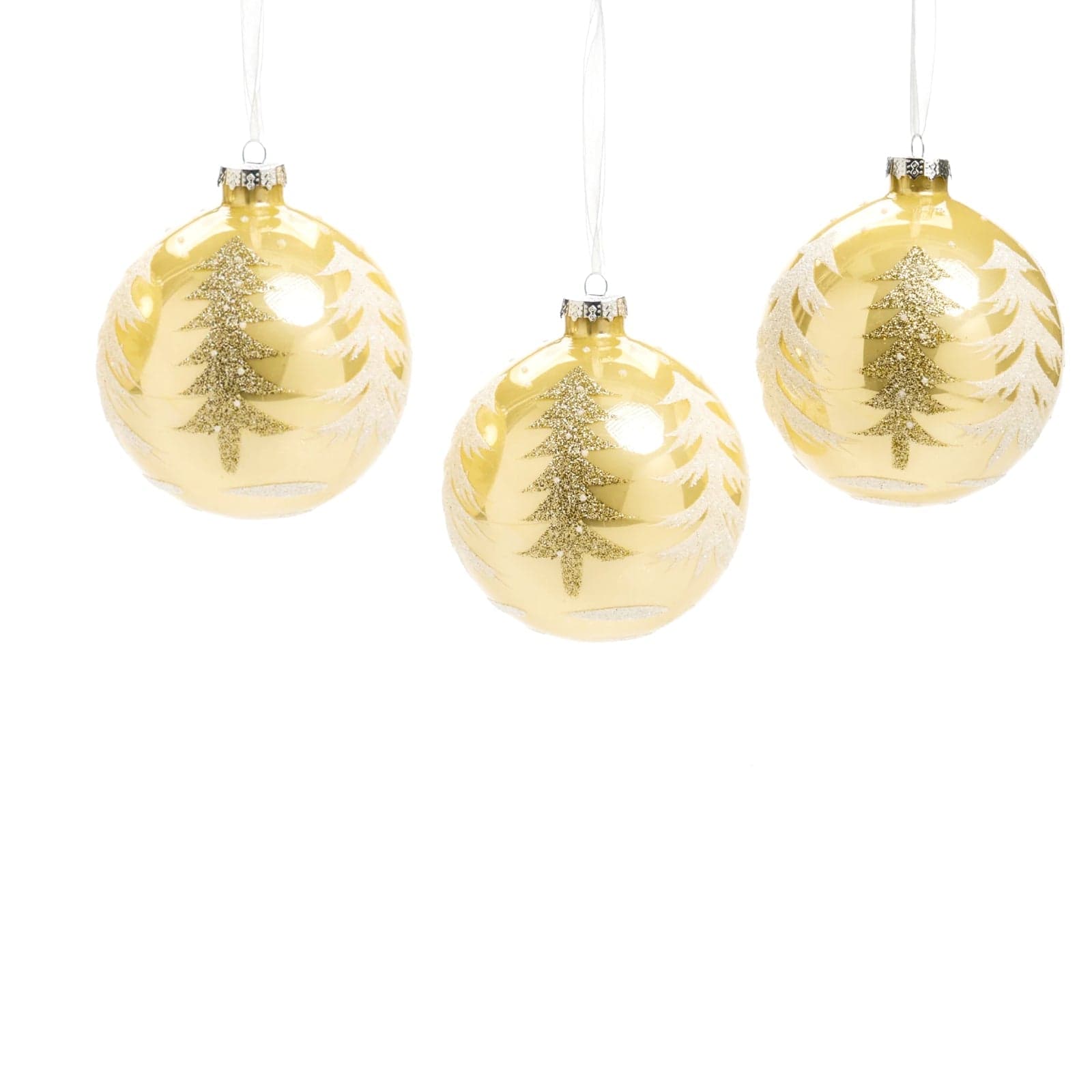 Pallina in vetro colore oro con alberi glitterati per albero di Natale - 3