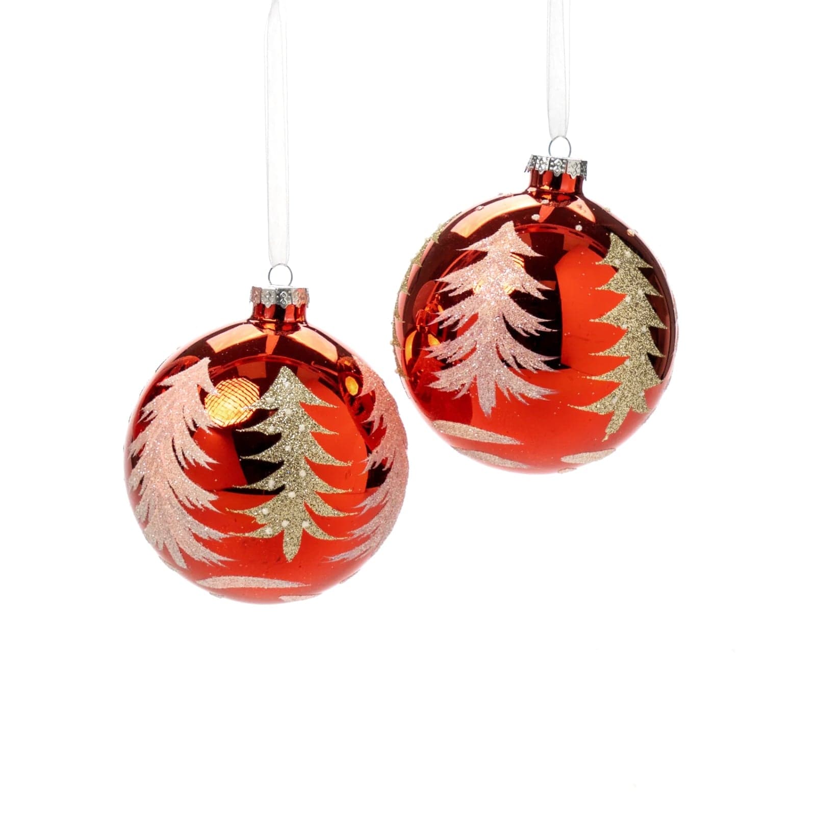 Pallina in vetro colore rosso con alberi glitterati per albero di Natale - 2