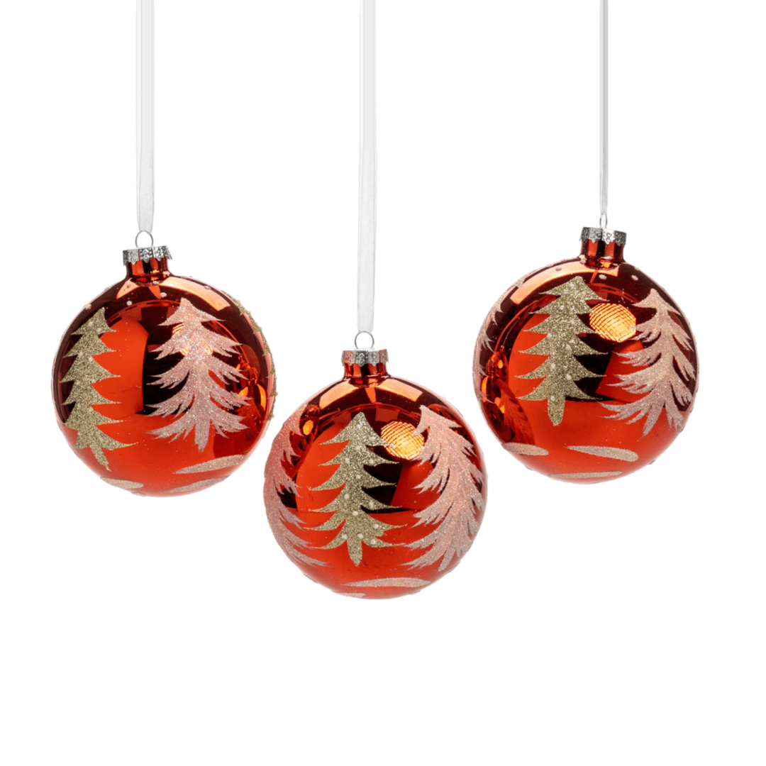 Pallina in vetro colore rosso con alberi glitterati per albero di Natale - 3