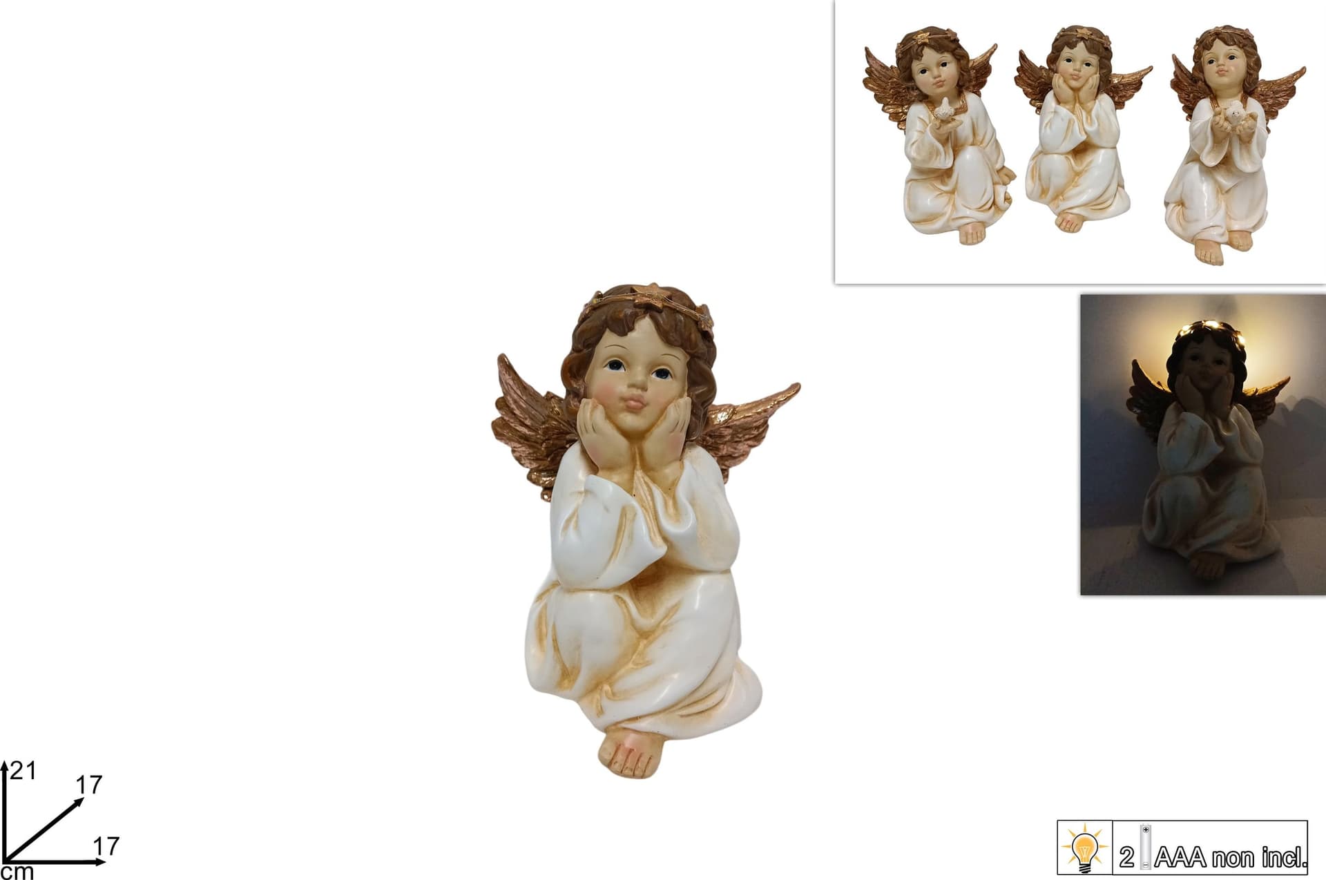 Angelo decorativo seduto con luce per decorazioni natalizie h 21 cm - 4