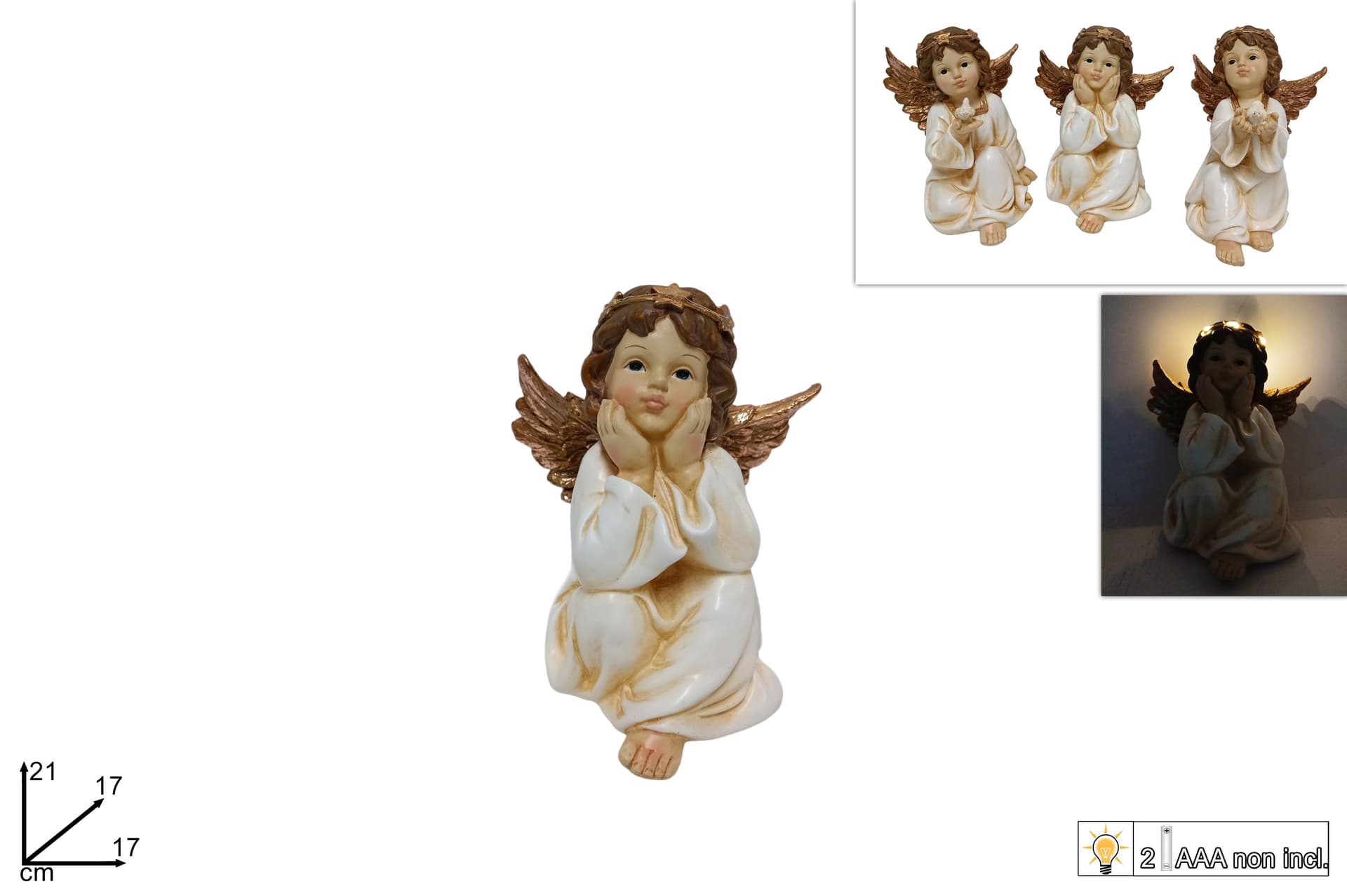 Angelo decorativo seduto con luce per decorazioni natalizie h 21 cm - 4