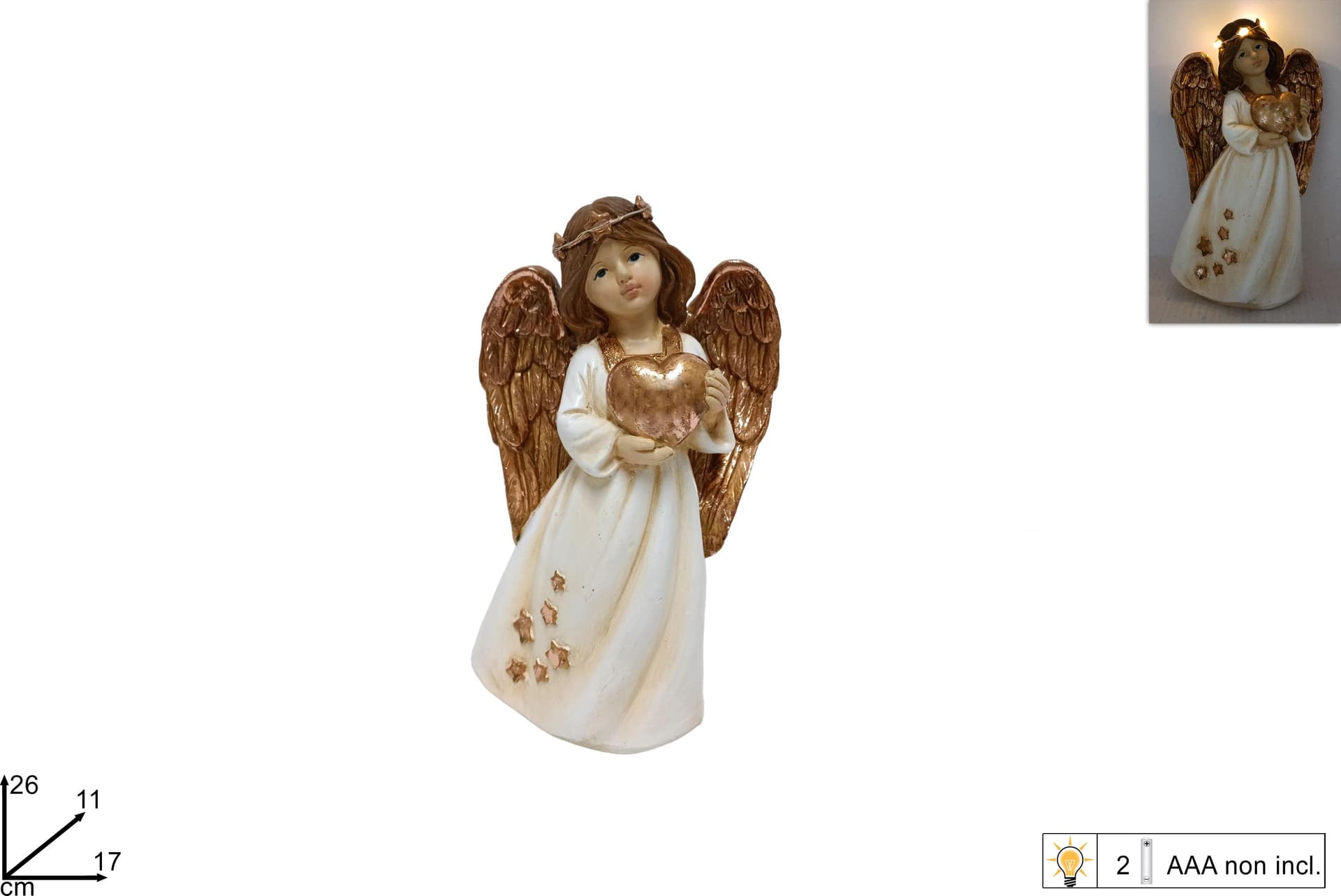 Angelo decorativo con cuore e con luci per decorazioni natalizie h 26 cm - 2