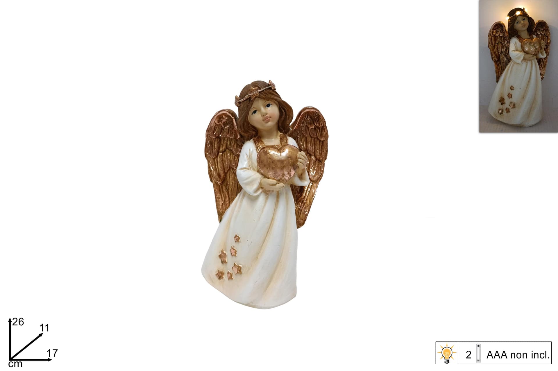 Angelo decorativo con cuore e con luci per decorazioni natalizie h 26 cm - 2