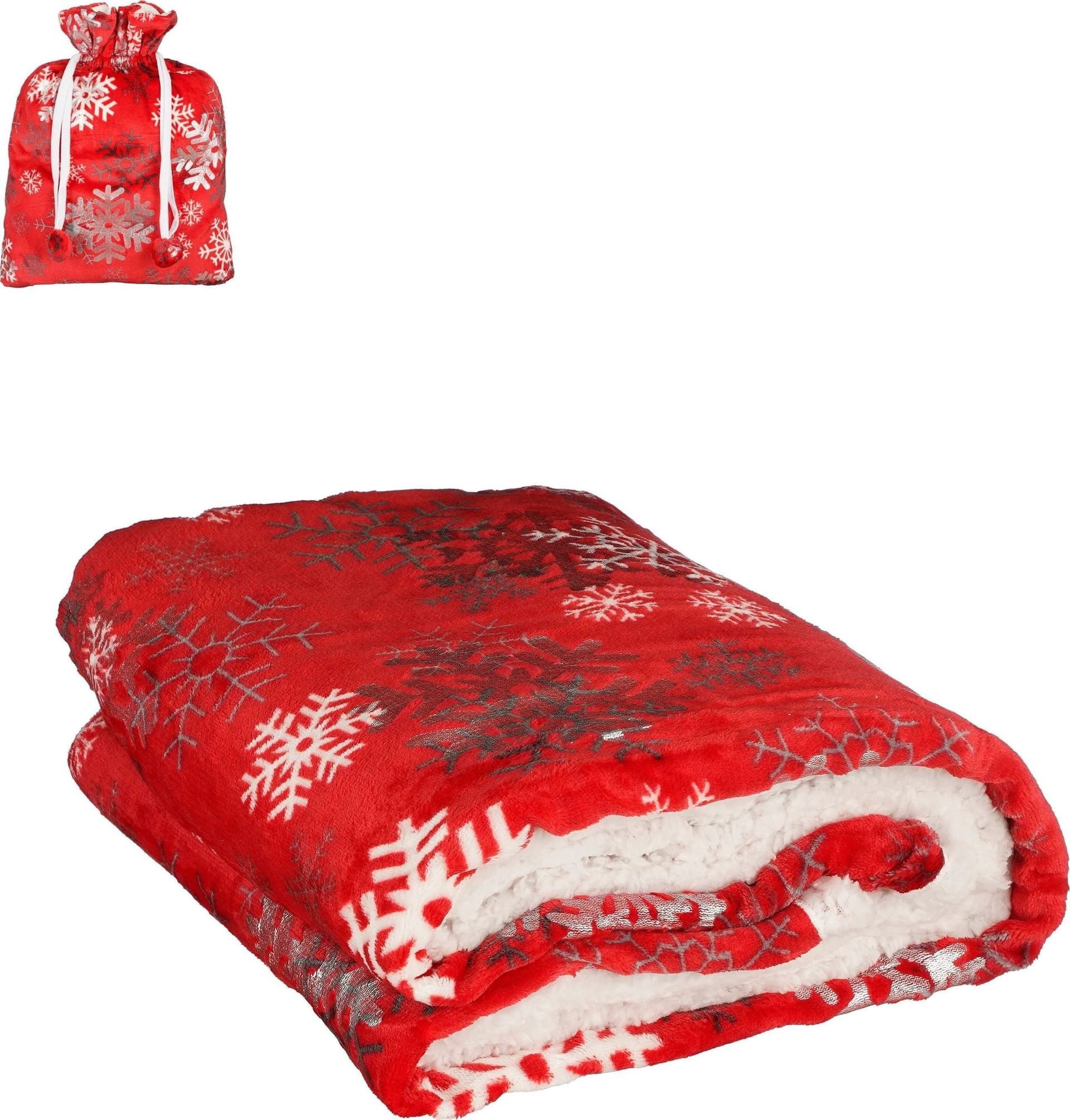 Coperta plide rossa con fiocchi di neve per decorazioni natalizie