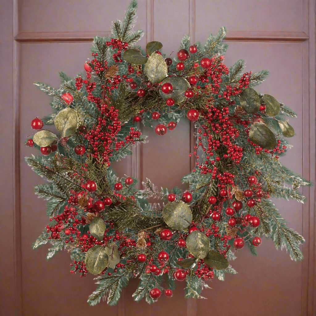 Ghirlanda tonda natalizia con bacche rosse, dietro porta da 64 cm - 3