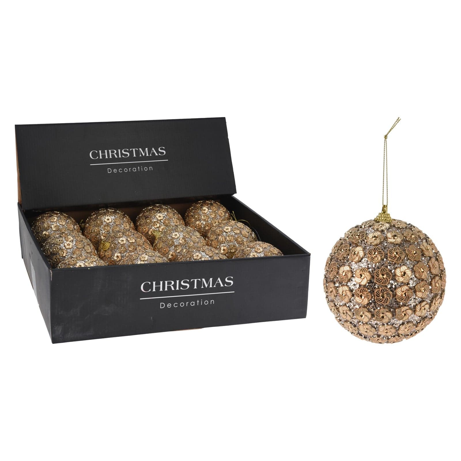 Palline per albero di Natale, in PV, con pailettes color champagne, Ø 80 mm, 12 pezzi - 2