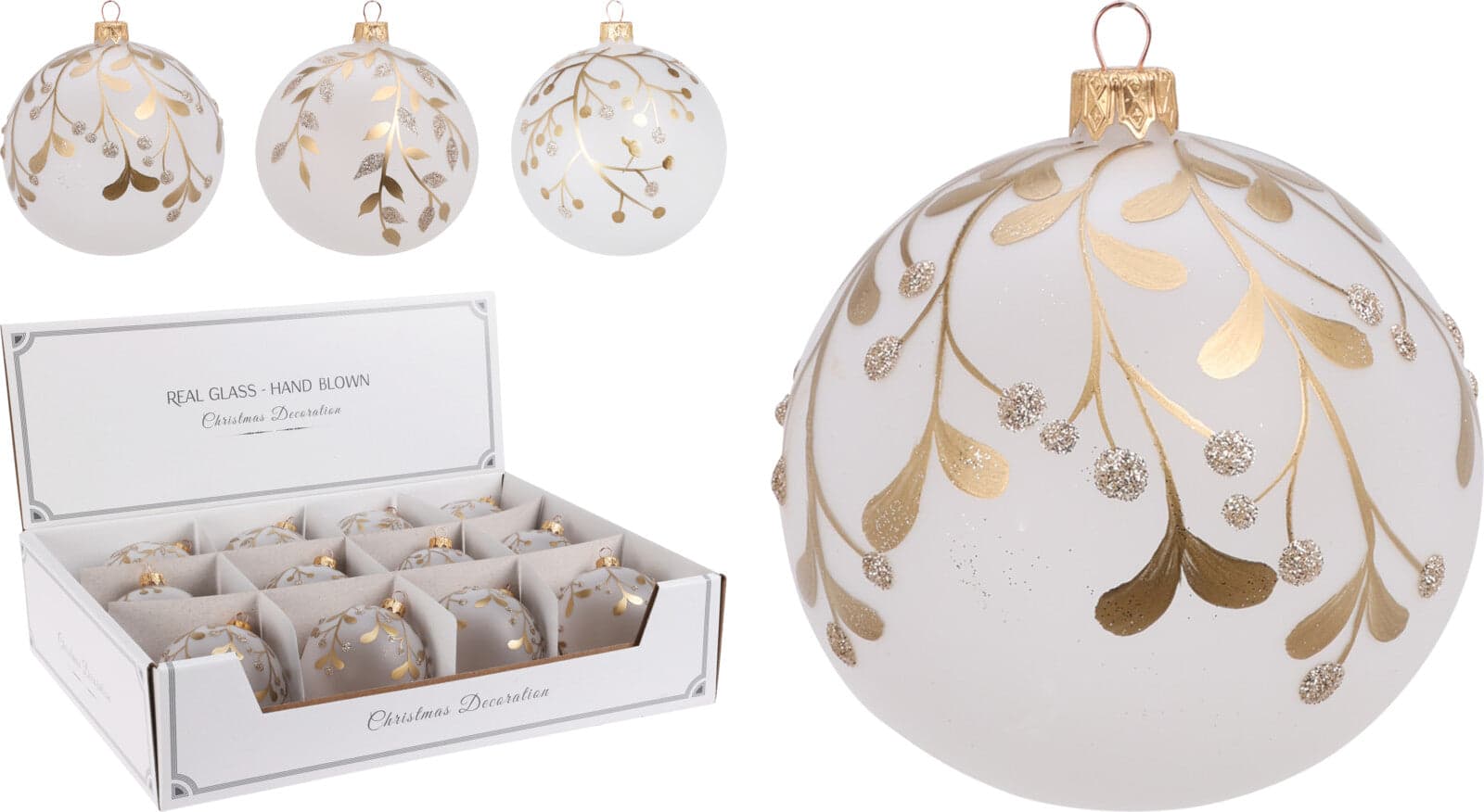 Palline per albero di Natale, in Vetro, foglia con glitter, Ø 80 mm, 12 pezzi - 3