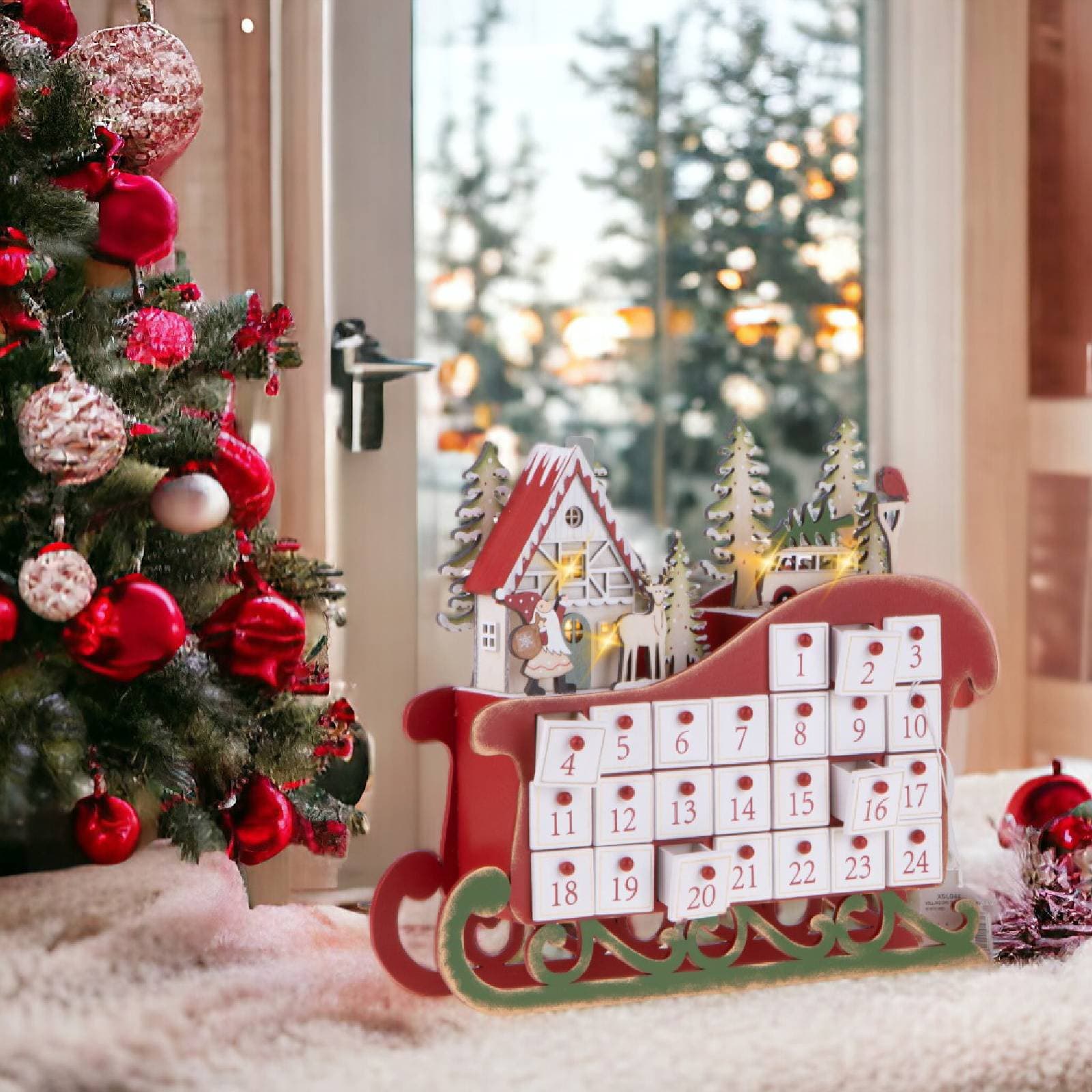 Villaggio calendario  con avvento e led  H30 cm in legno - 2