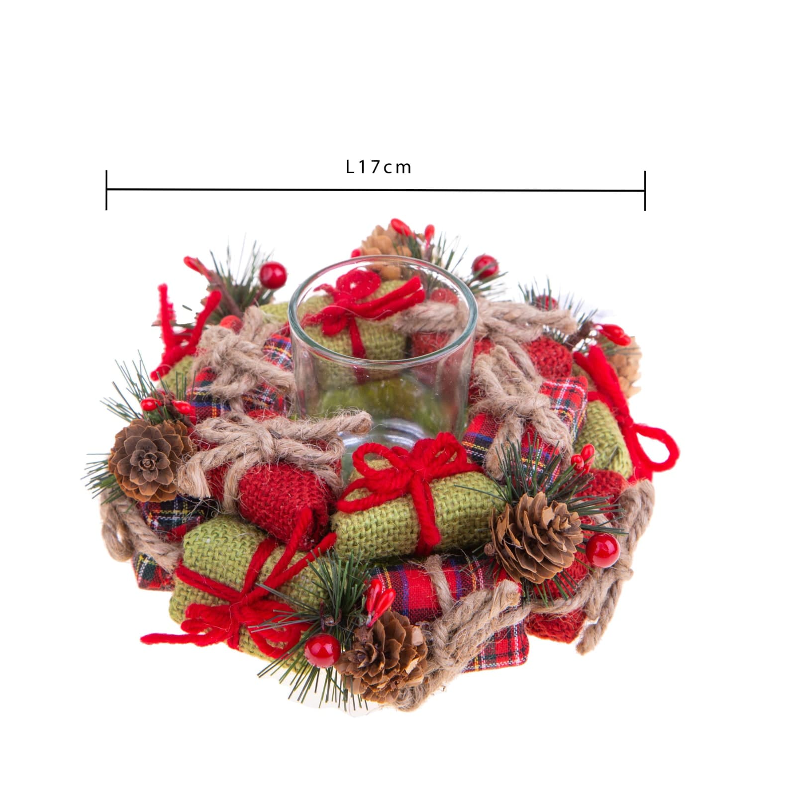 Porta candela con decorazioni pacchi regalo e pigne per interni H6 cm - 2