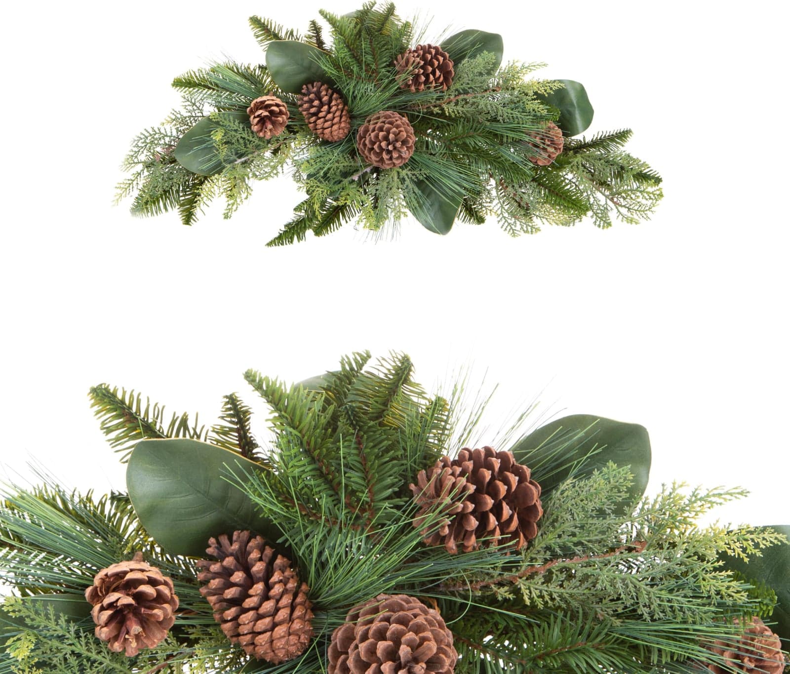 Composizione verde di pigne e foglie sintetico per decorazioni natalizie - 2