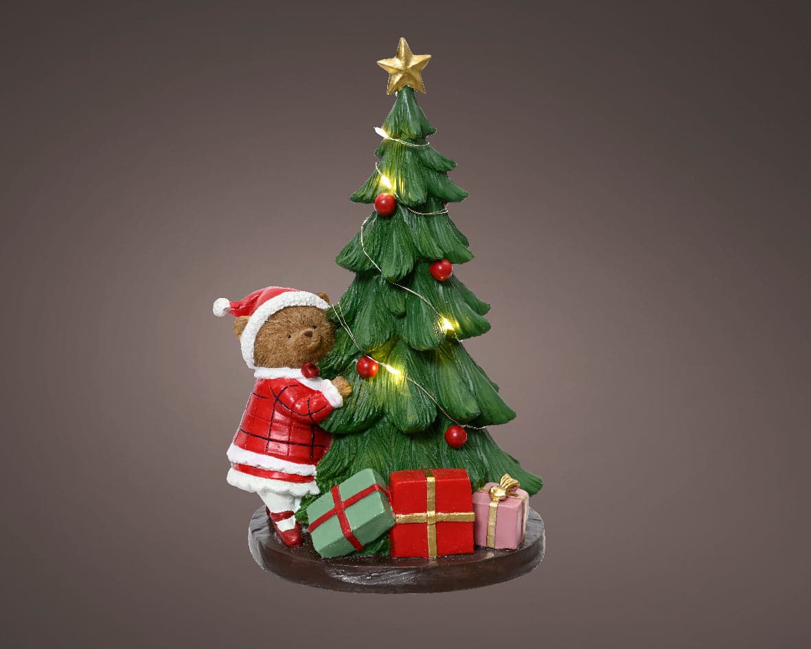 Statuetta decorativa orsetto con albero con LED decorazione natalizia in resina da 50 cm - 2