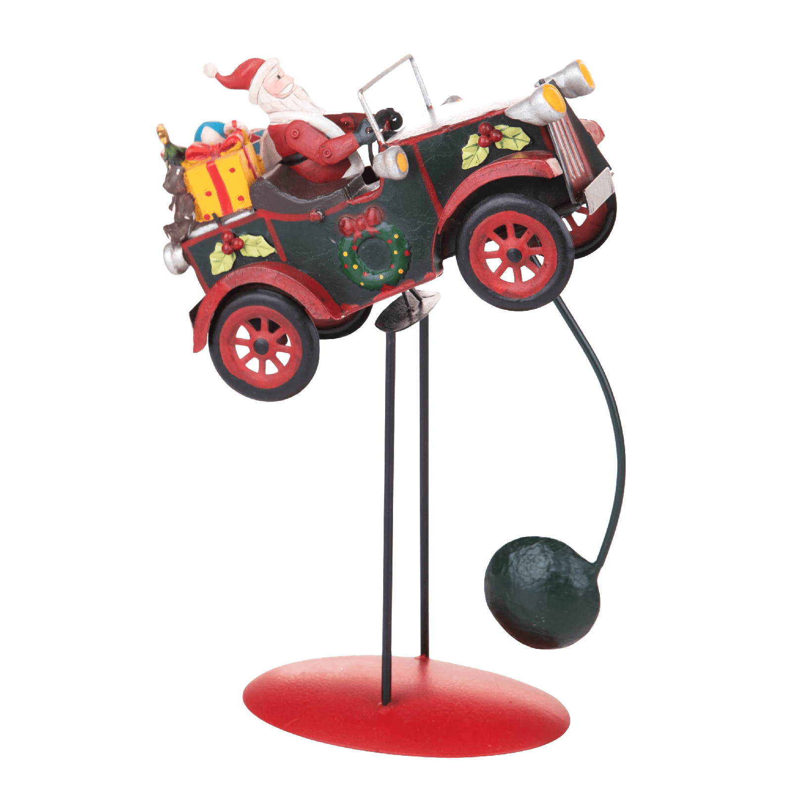Auto sospesa con babbo e regali in metallo per decorazioni natalizie