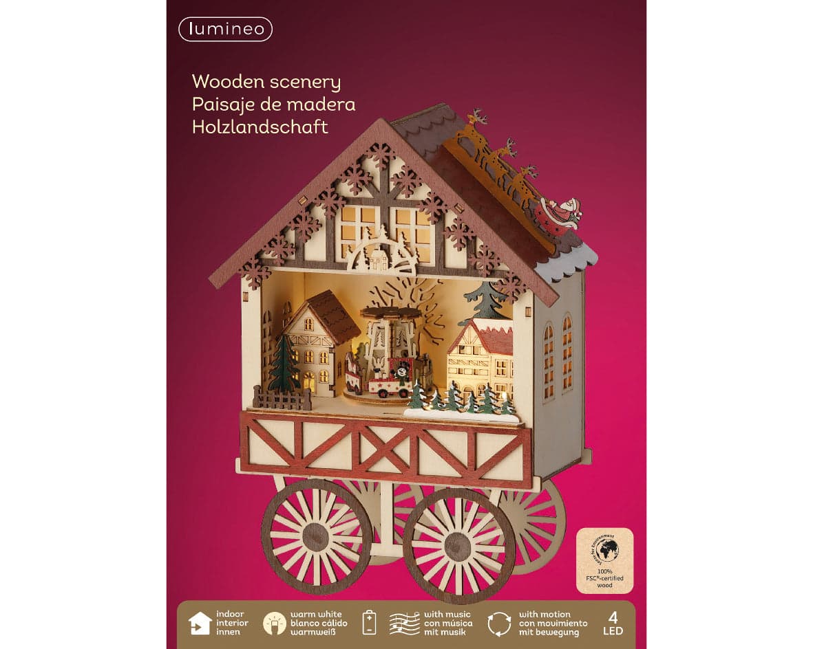 Scenario natalizio con casetta con ruote in compensato con Led, da 27.5 cm - 3