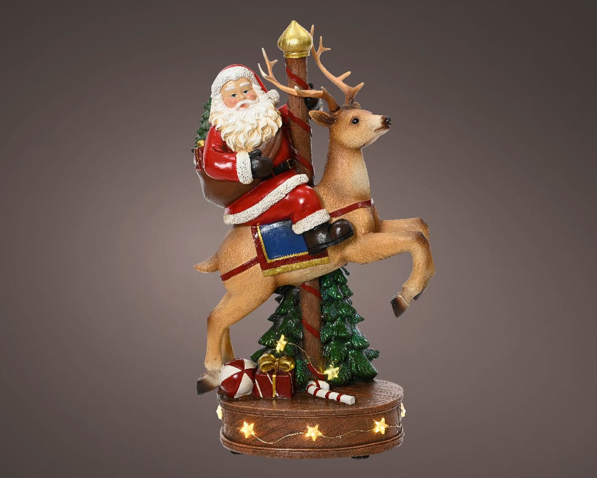 Statuetta di Babbo Natale con renna in poliresina con Led, decorazione per interno , h 33.5 cm - 2