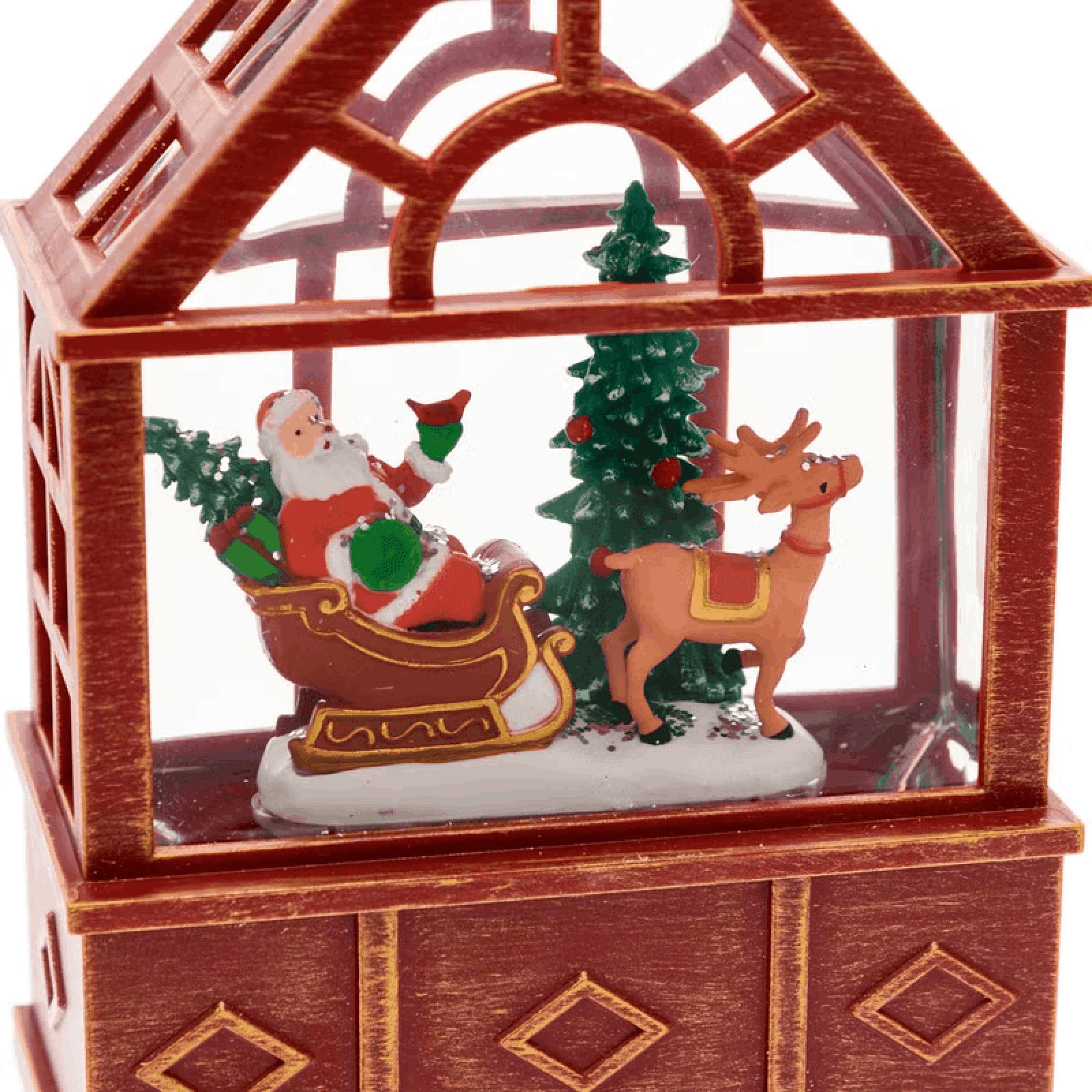 Lanterna Serra con Babbo Natale su slitta e renna, led bianco caldo per decorazioni - 2