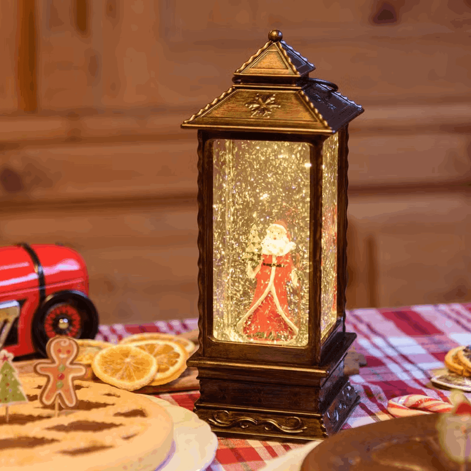 Lanterna natalizia Babbo Natale con bastone e alberello, brunita, led bianco caldo - 2