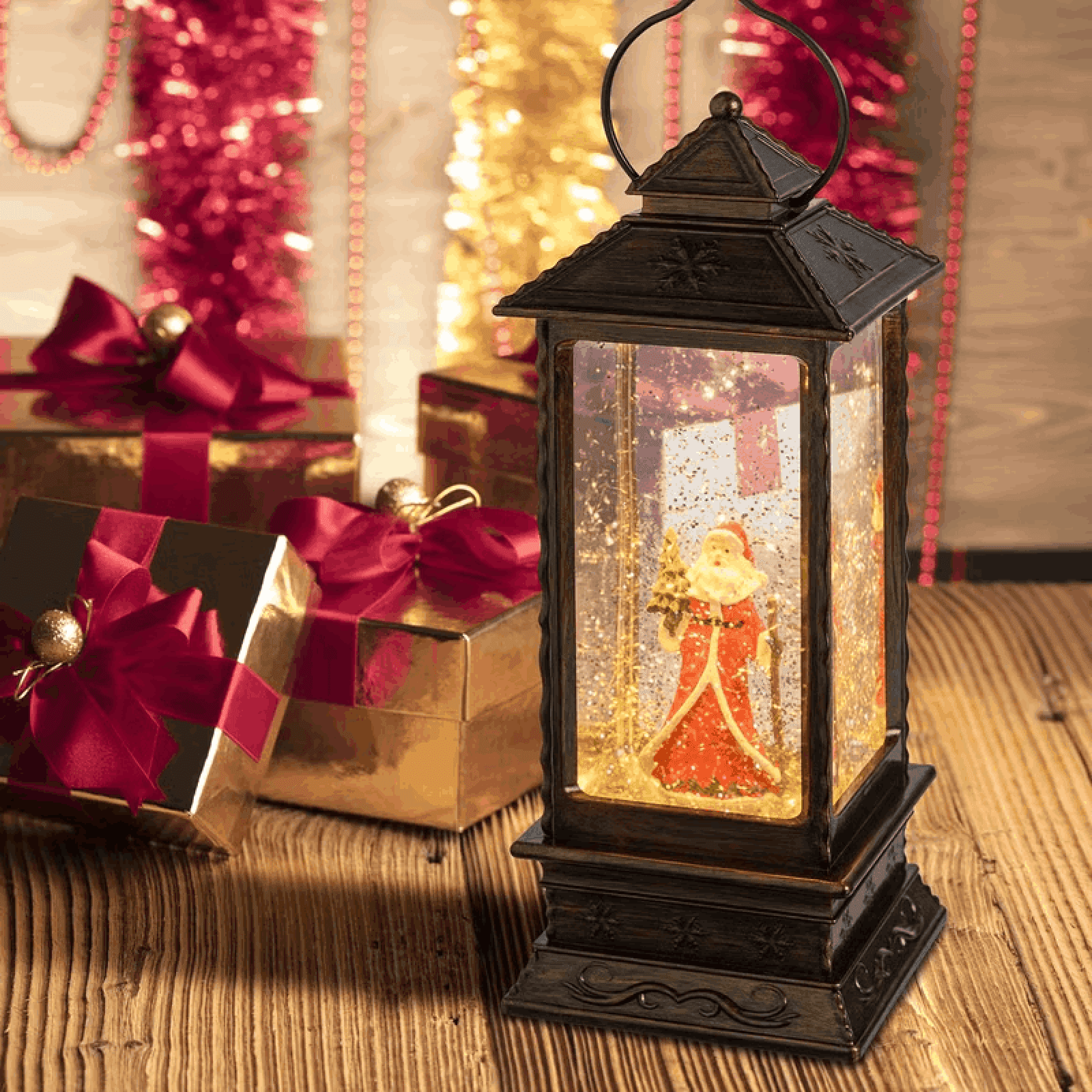 Lanterna natalizia Babbo Natale con bastone e alberello, brunita, led bianco caldo - 3
