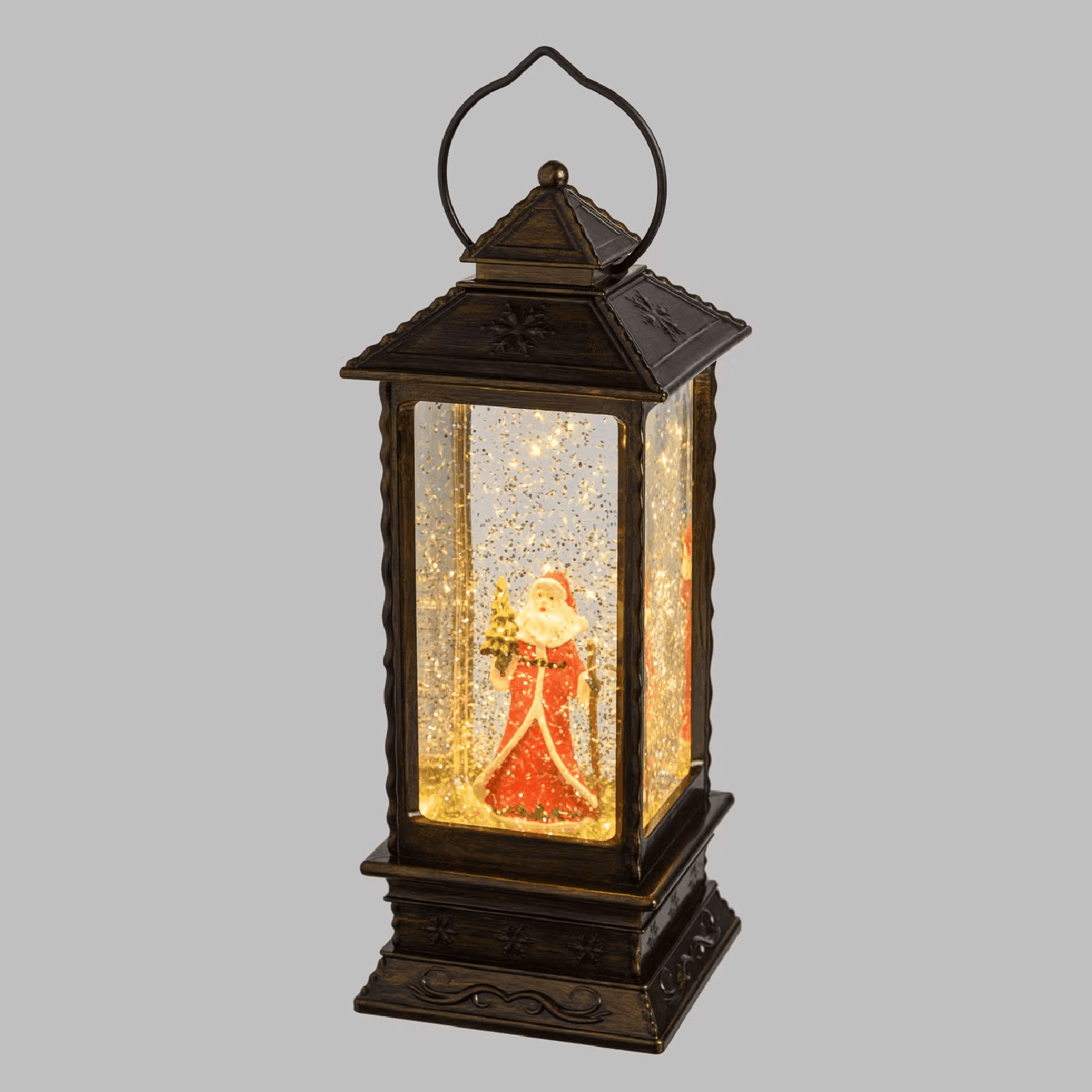 Lanterna natalizia Babbo Natale con bastone e alberello, brunita, led bianco caldo - 5