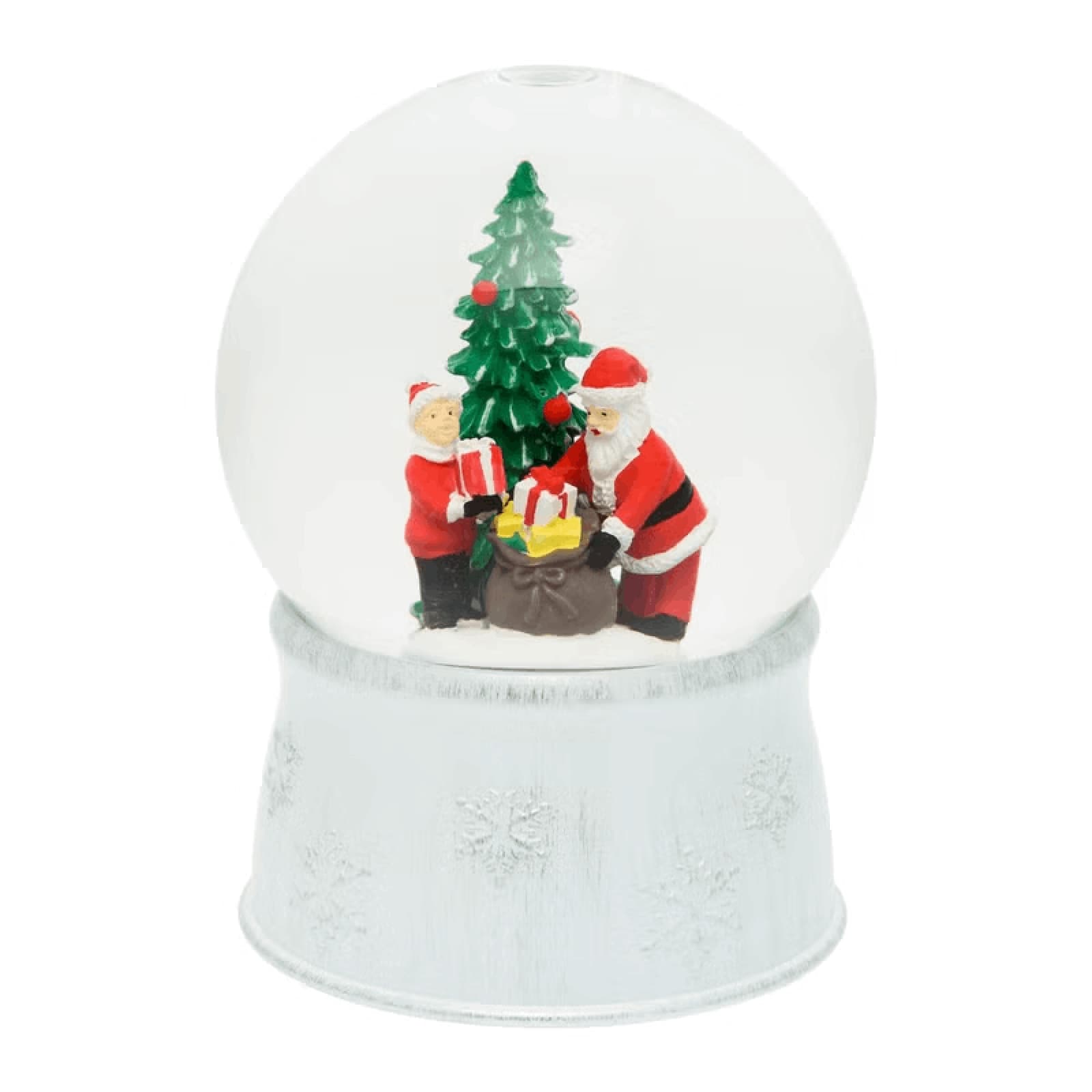 Sfera in vetro base bianco antico con albero, babbo e sacco regali ,led bianco caldo - 2