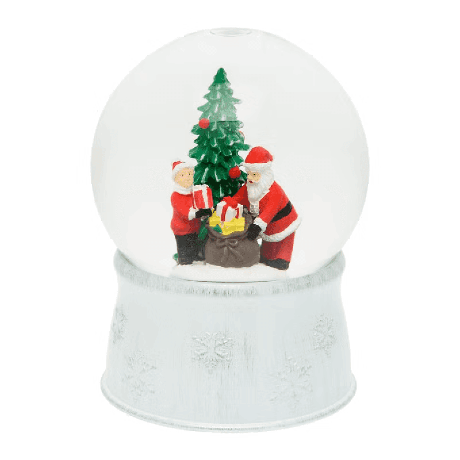 Sfera in vetro base bianco antico con albero, babbo e sacco regali ,led bianco caldo - 2