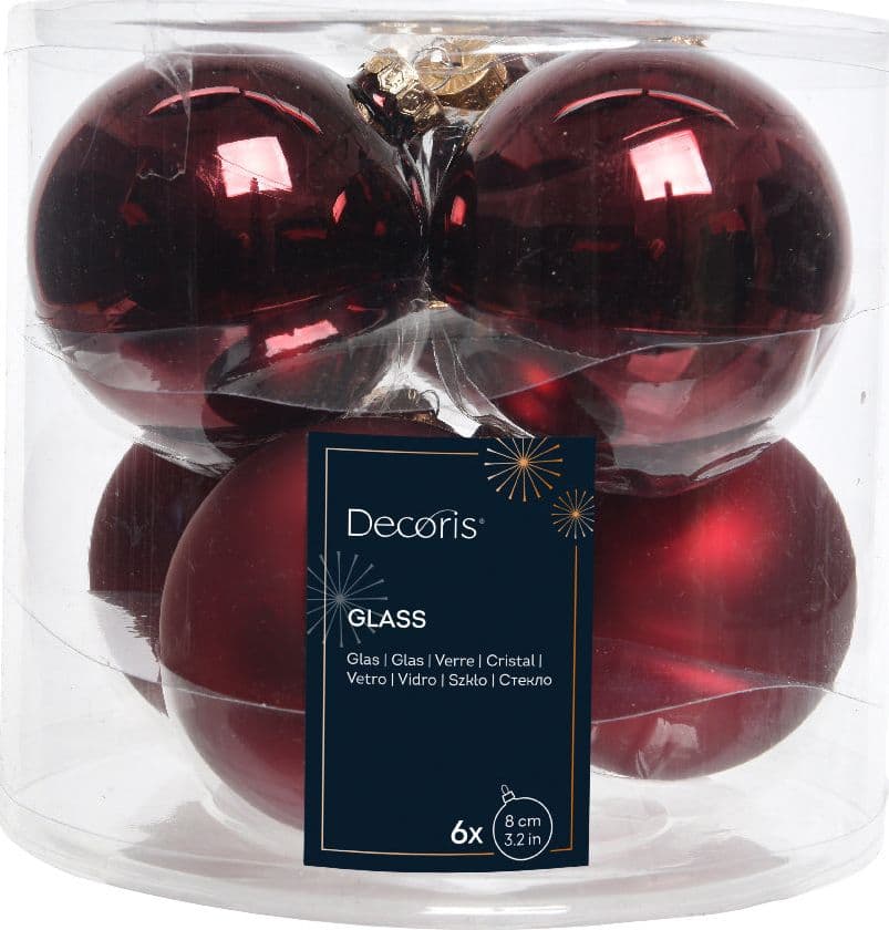 Palline per albero di natale in vetro color rosso scuro da 8 cm, tubo da 6 pezzi - 2
